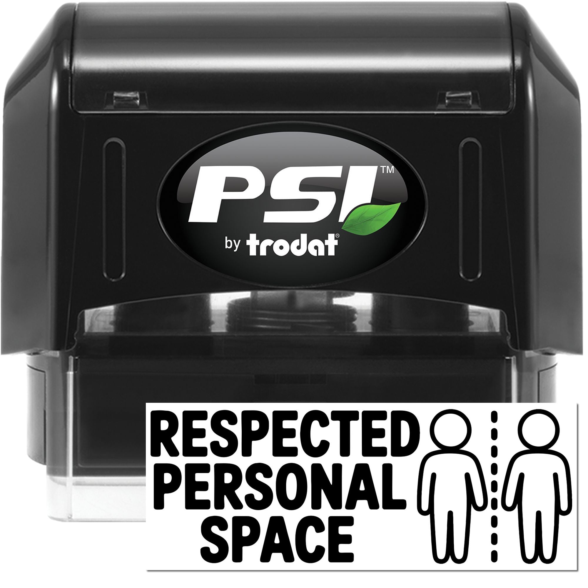 Black PSI by Trodat self-inking stamp and seal set with white logo and Respected Personal Space message.