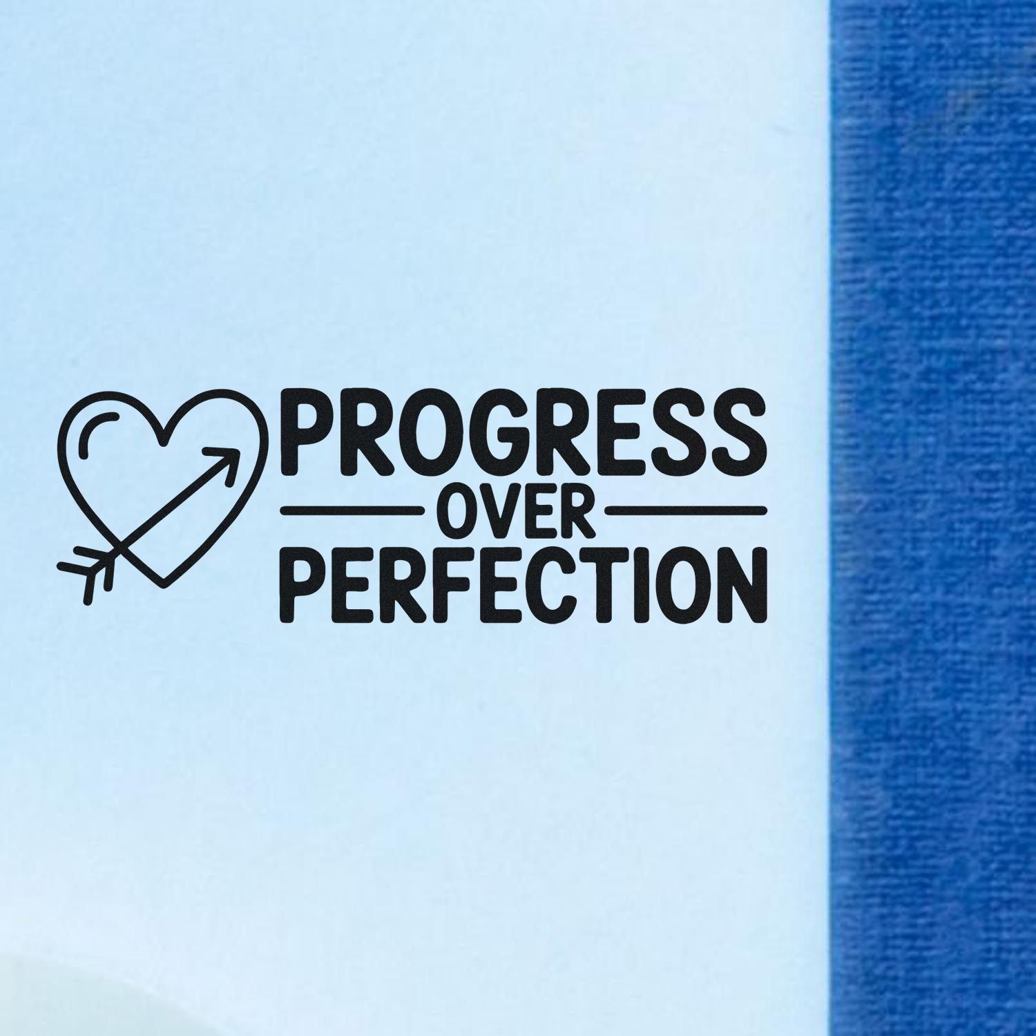 Black progress over perfection stamp seal with heart-arrow icon on white paper beside blue textured background