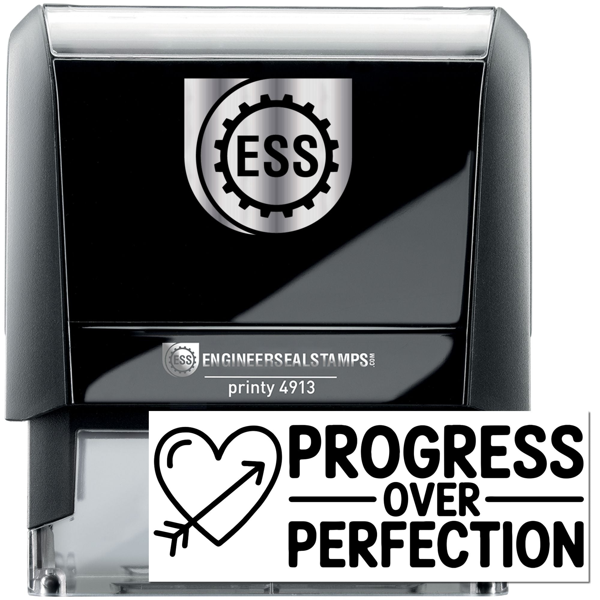 Black and silver ESS self-inking engineer seal stamp with gear logo and Progress Over Perfection text