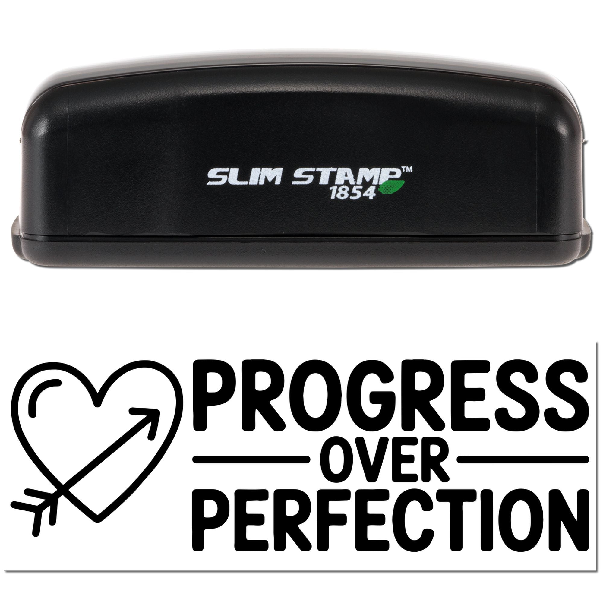 Black Slim Stamp 1854 stamp and seal on white background with bold Progress Over Perfection heart-arrow design.