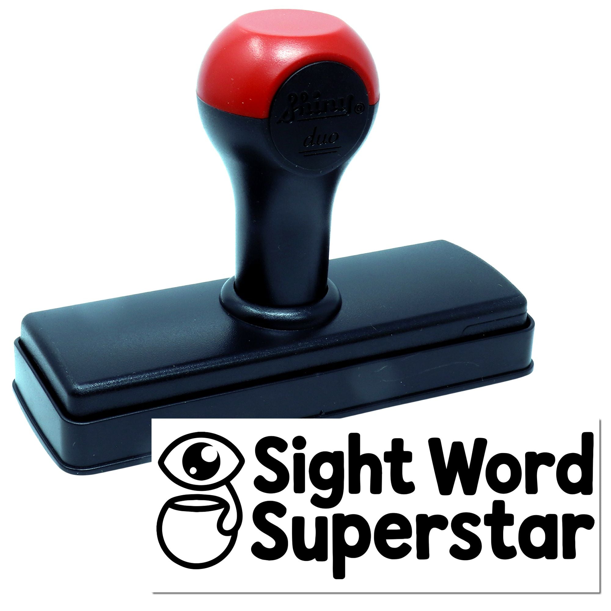 Red-and-black self-inking stamp and seal with rectangular black base and Sight Word Superstar logo.