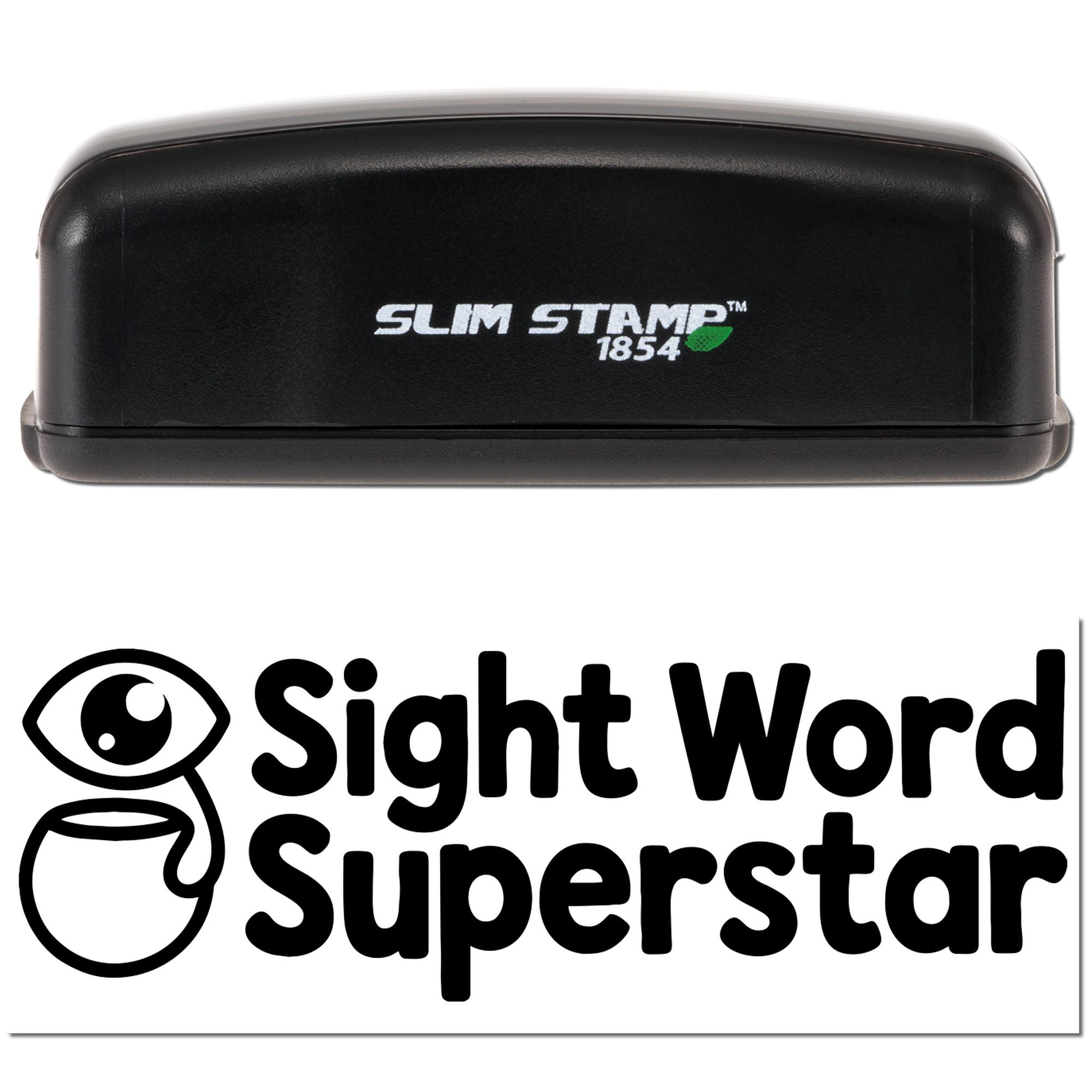 Black Slim Stamp 1854 self-inking stamp with white logo, shown above Sight Word Superstar branding on a white background.