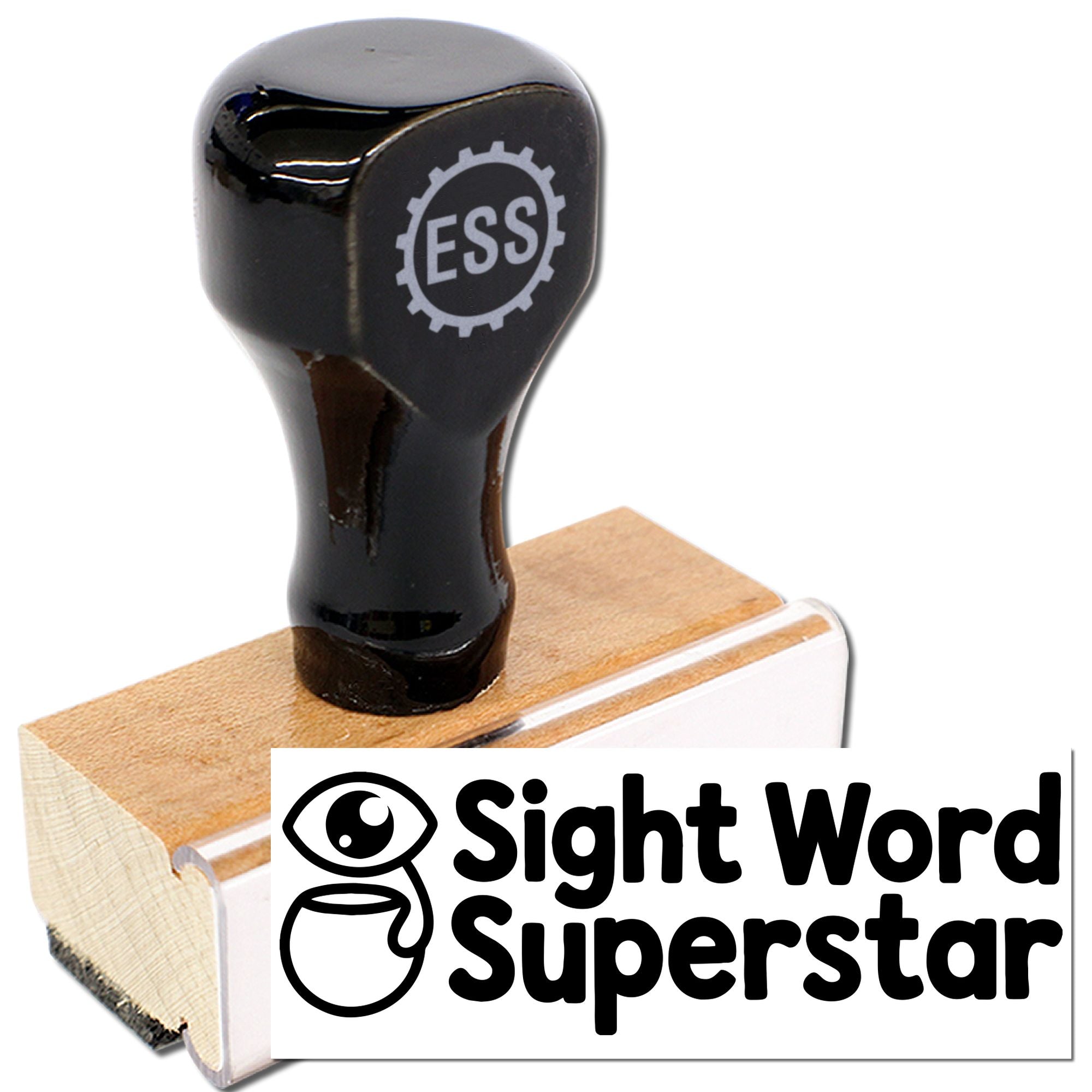 Black self-inking stamp seal with ESS emblem on wooden base, showing a white Sight Word Superstar imprint
