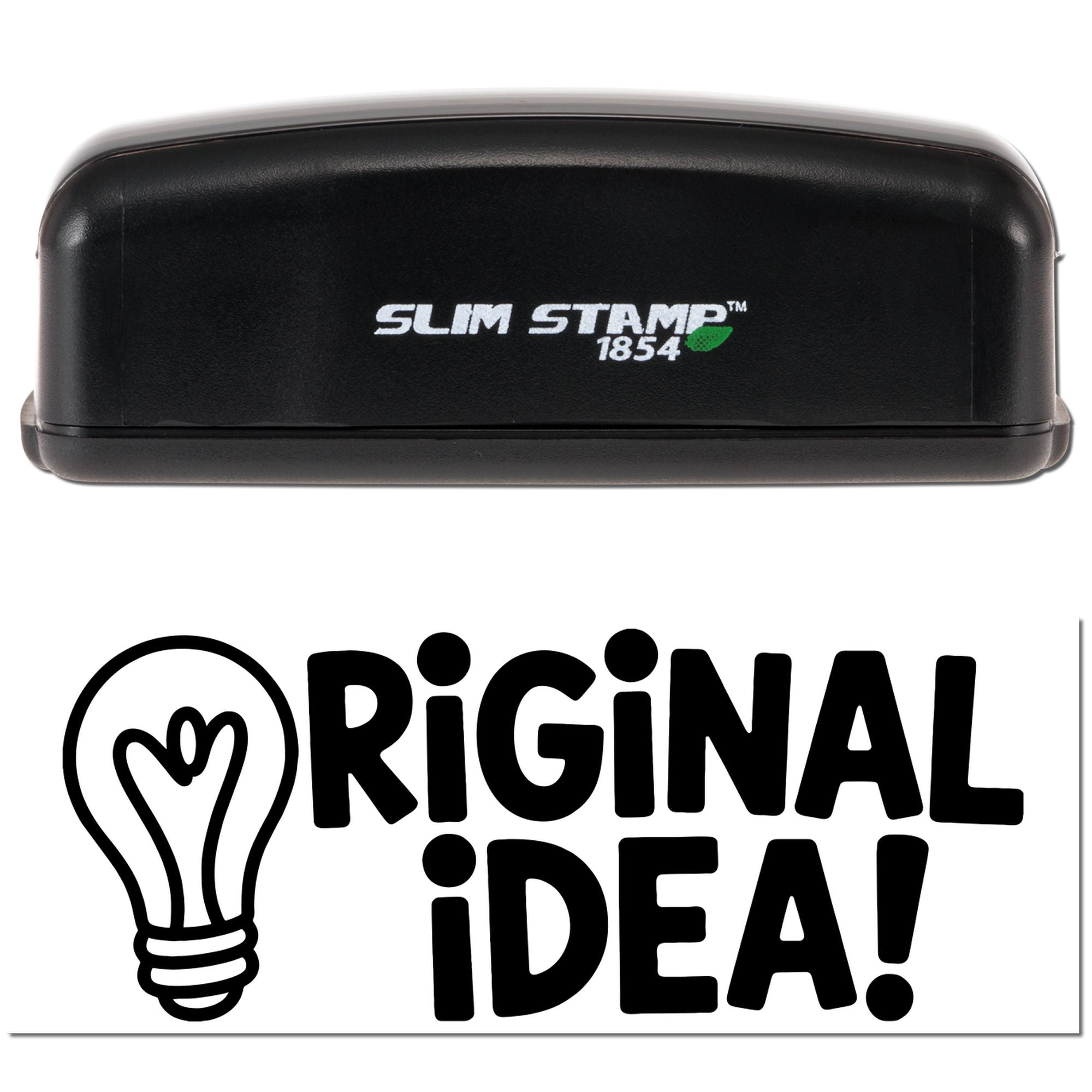 Black Slim Stamp 1854 self-inking stamp with black Original Idea! seal and lightbulb graphic on white background.