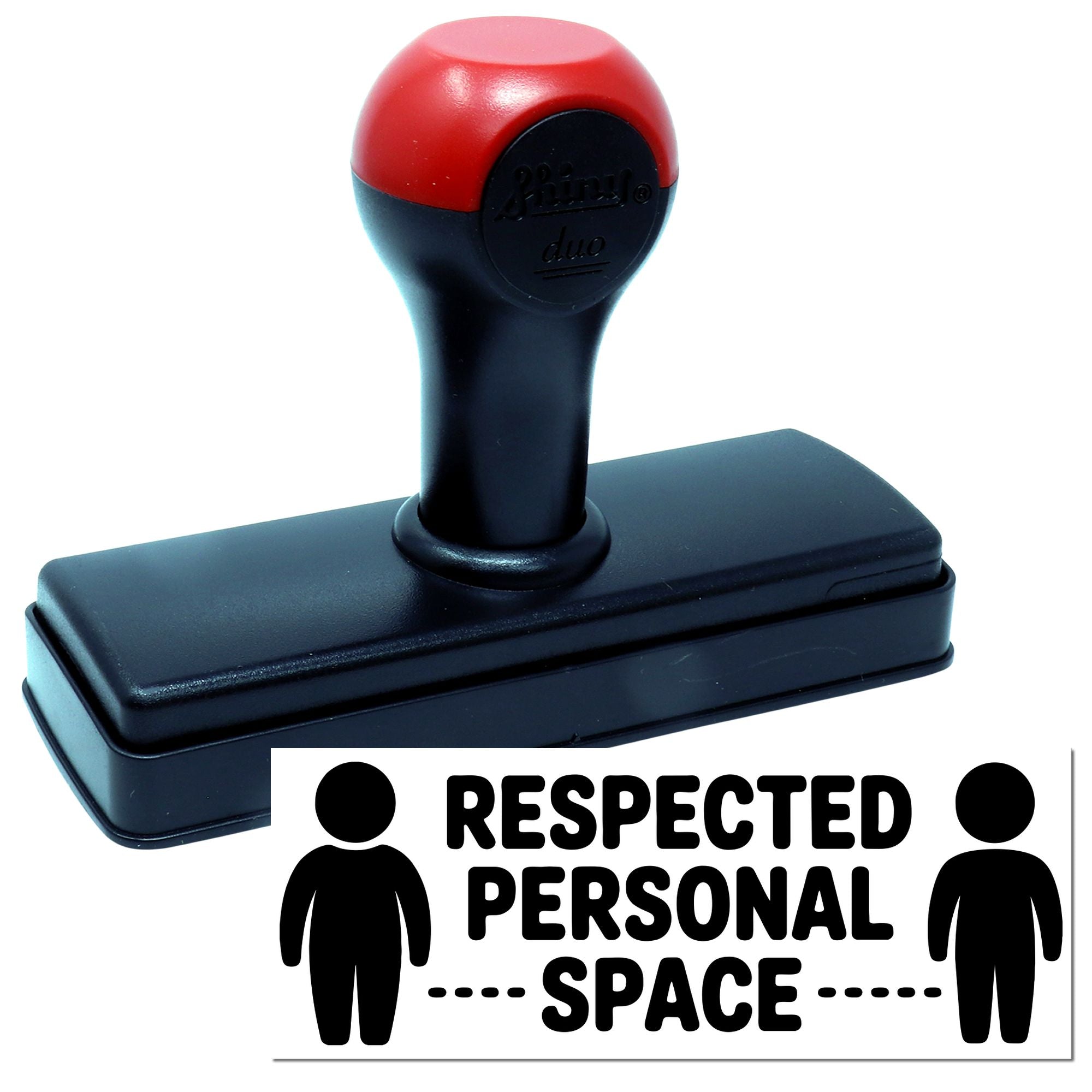 Red and black self-inking stamp and seal with RESPECTED PERSONAL SPACE text and two person icons.