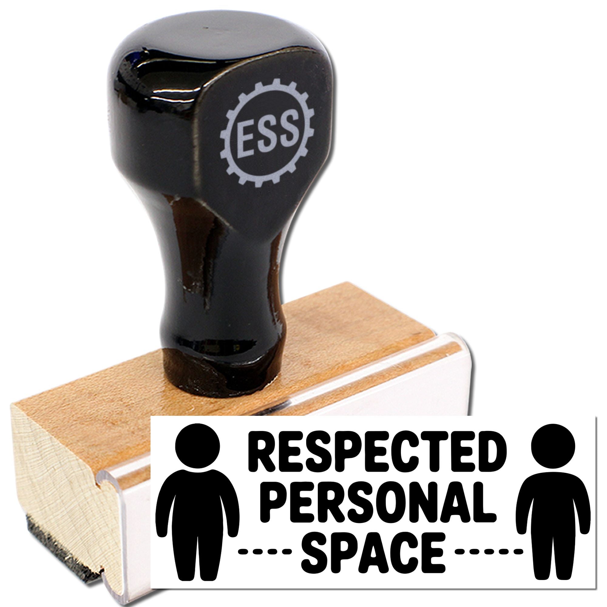 Black ESS self-inking stamp on wooden mount with RESPECTED PERSONAL SPACE seal text and human icons.