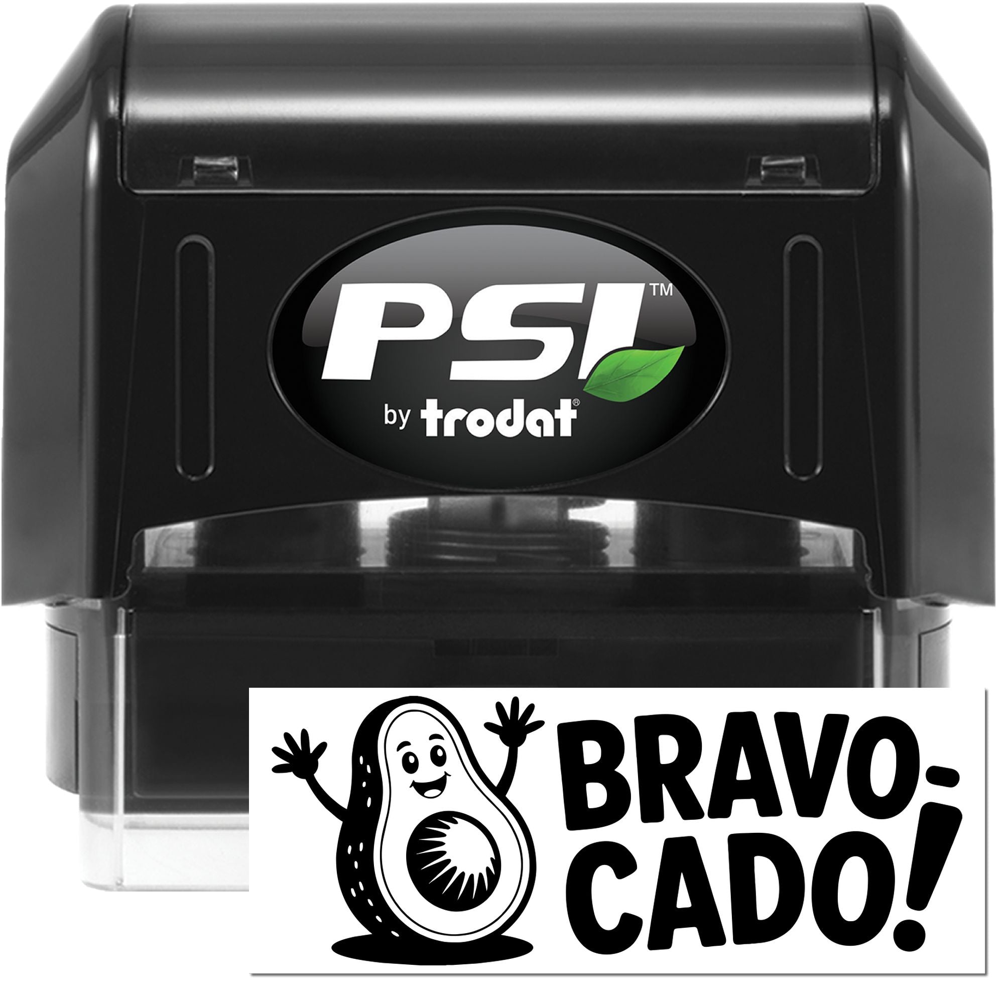 Black PSI by Trodat self-inking stamp and seal with Bravo Cado! imprint, white text, and green leaf accent.