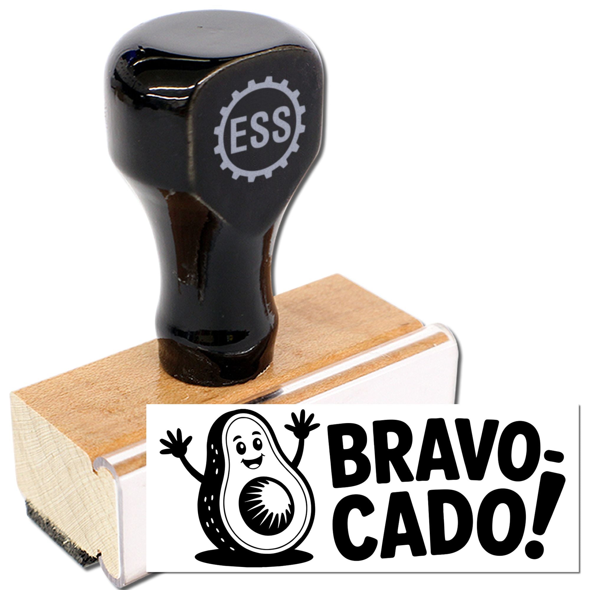 Black rubber stamp and wooden seal block with BRAVO CADO! avocado mascot and ESS logo, black and white design