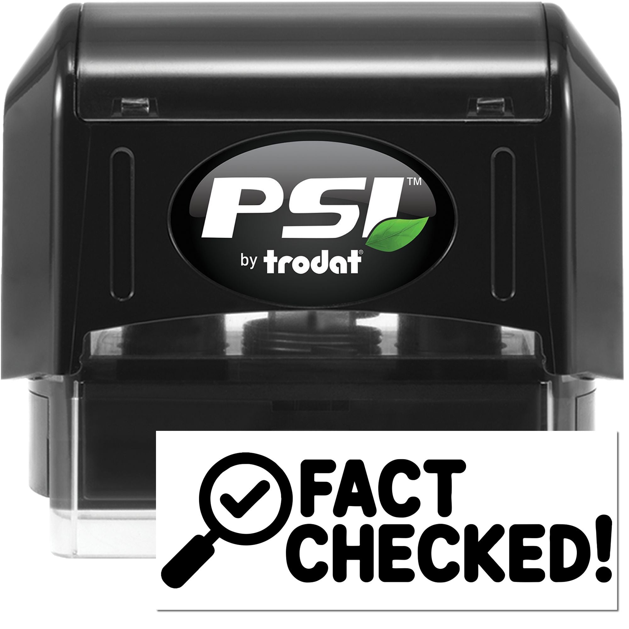 Black PSI by Trodat self-inking stamp and Fact Checked seal with checkmark on white background.