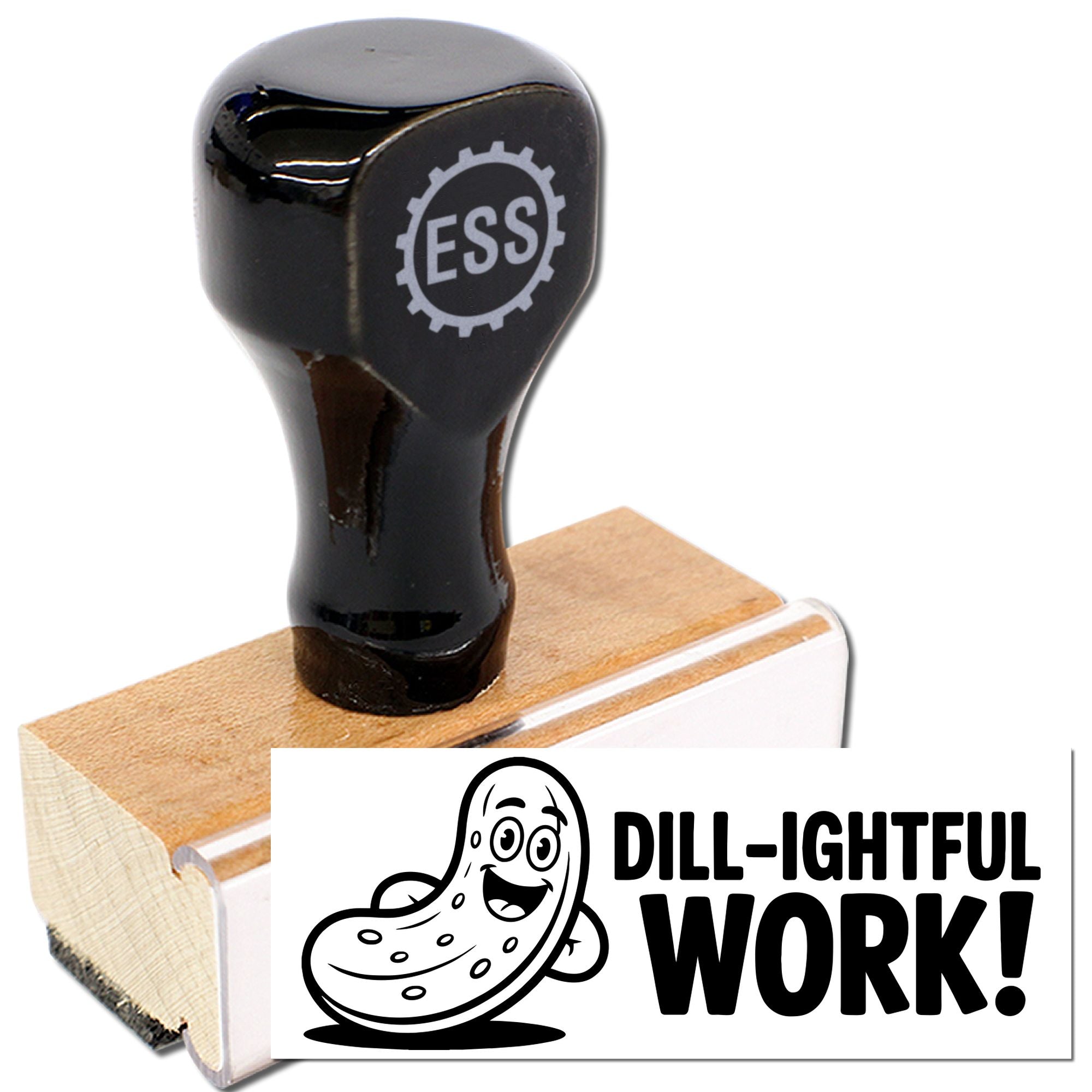 Black ESS rubber stamp and seal with wooden base, featuring a Dill-ightful Work! pickle graphic on white card.