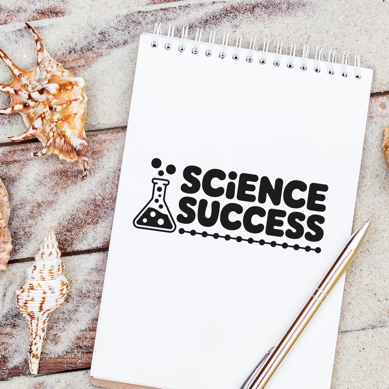 Black Science Success stamp seal with flask icon on white spiral notebook, beside seashells and a gold pen on sand.