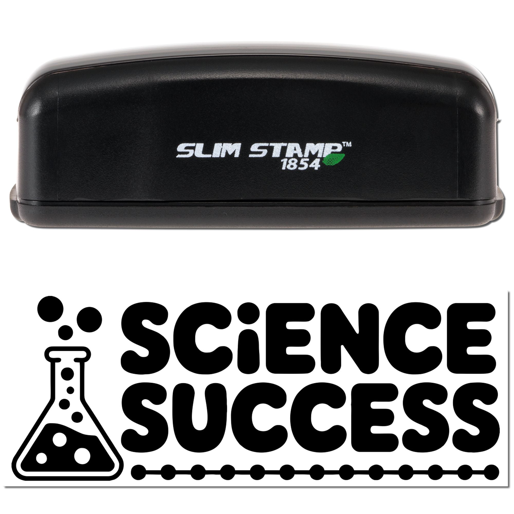 Black Slim Stamp 1854 case above bold black Science Success stamp seal logo with beaker icon on white background.