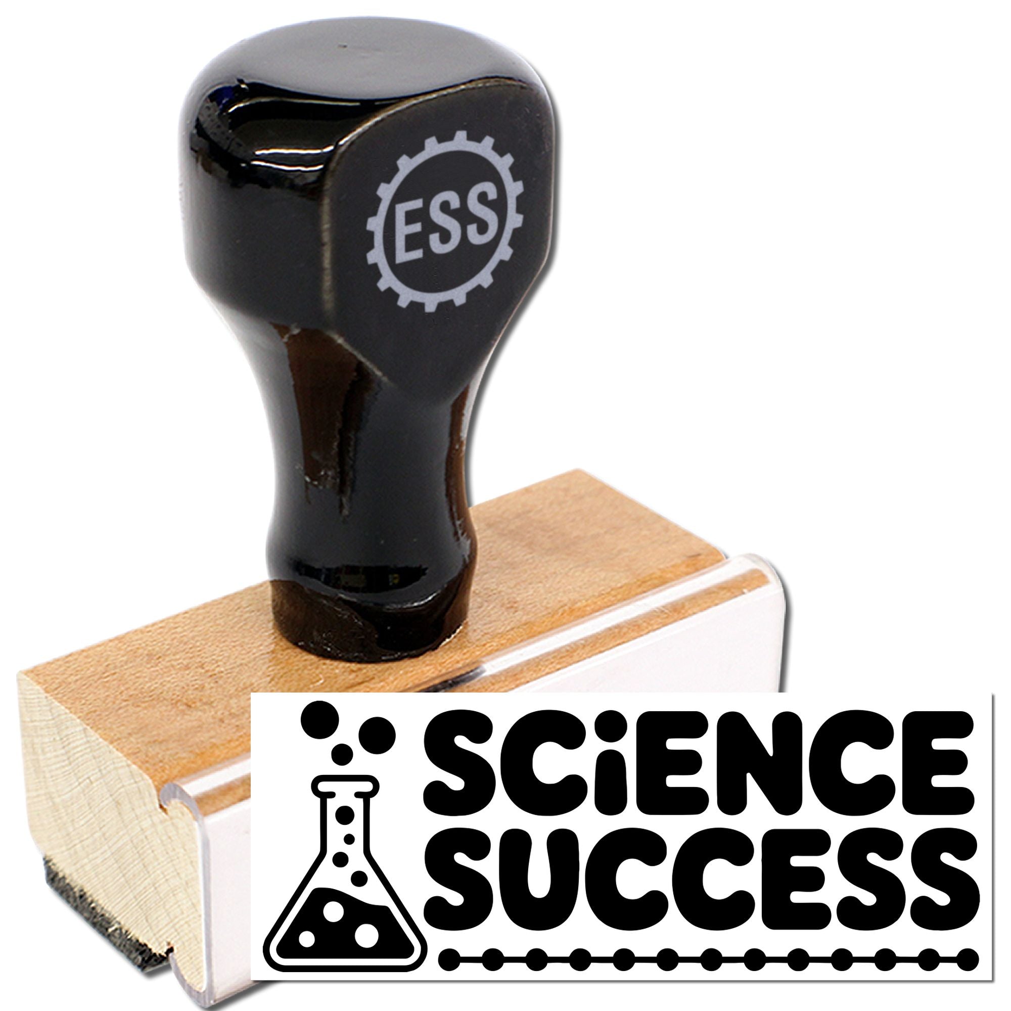 Black rubber stamp seal with beige wooden base, ESS logo, and Science Success text on white background