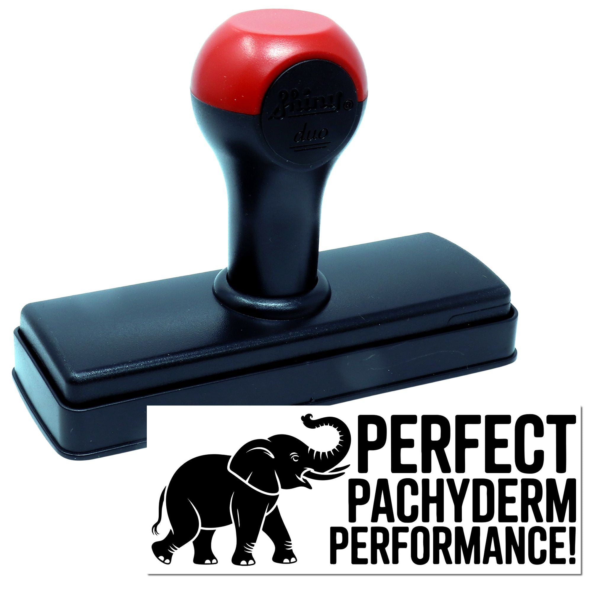Black self-inking stamp and seal with red handle, elephant logo, and bold Perfect Pachyderm Performance text