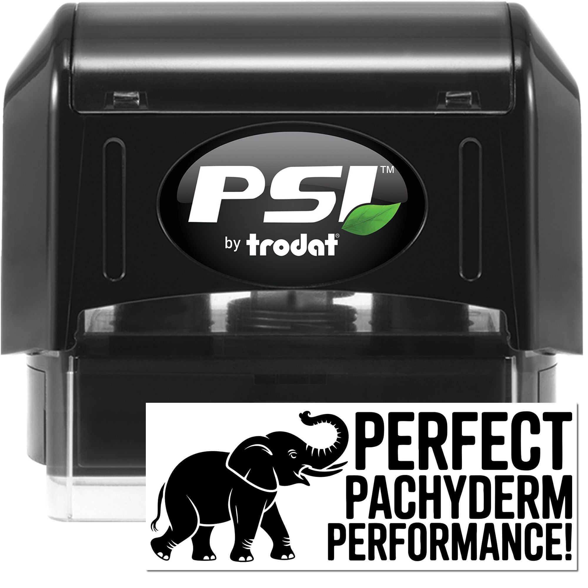Black PSI by Trodat self-inking stamp and seal with green leaf logo and elephant Perfect Pachyderm Performance graphic.