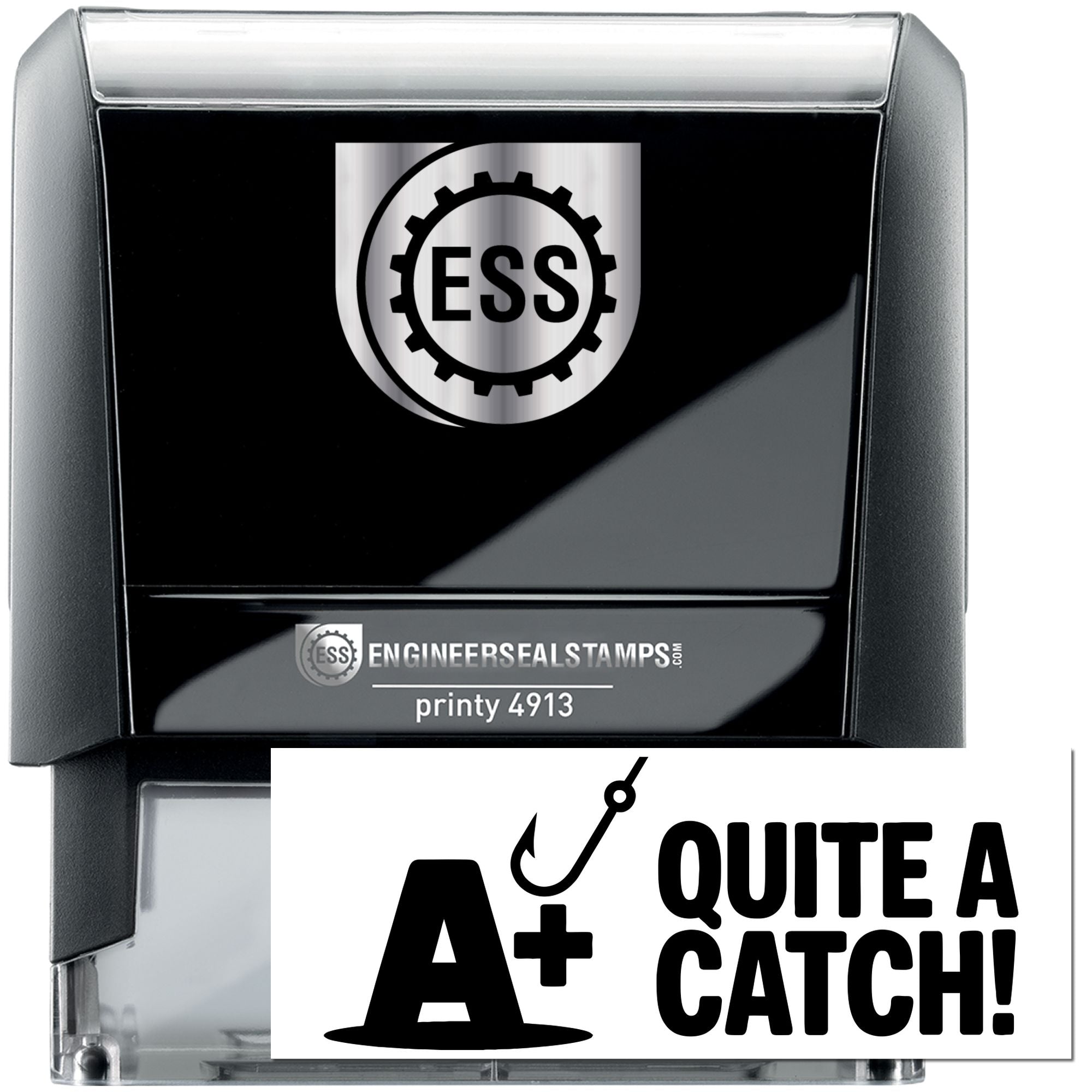 Black self-inking engineer seal stamp with silver trim, ESS logo, and Quite a Catch! fishing-hook imprint.