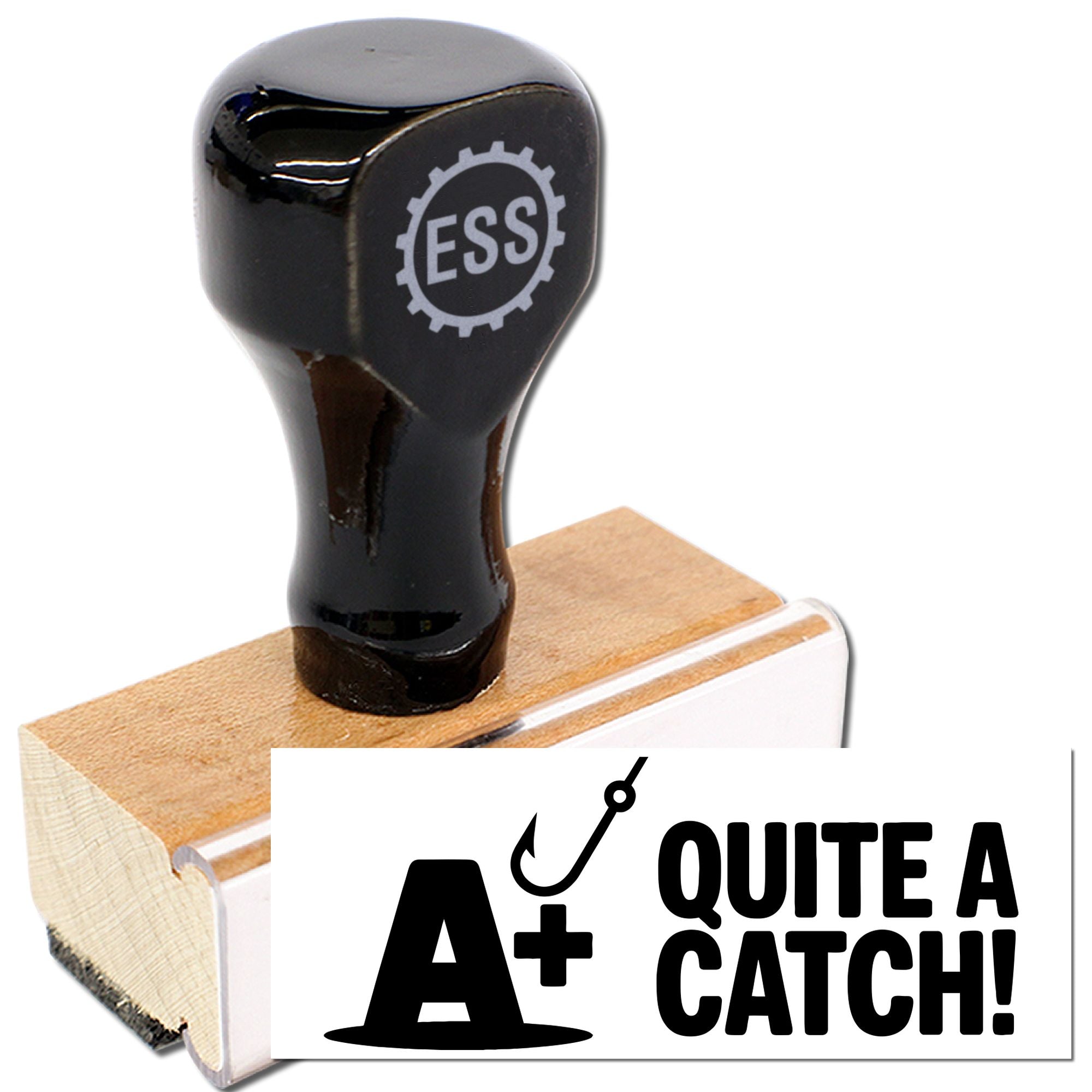 Black stamp and seal with ESS gear logo on a wooden base and Quite a Catch! design.