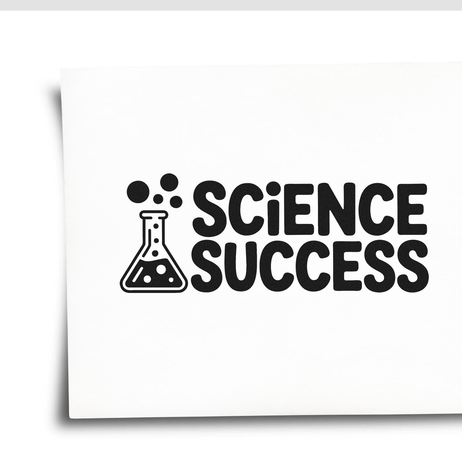 Black Science Success rubber stamp seal with lab flask icon on white background.