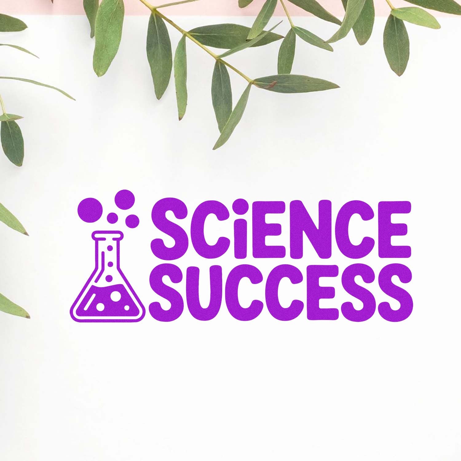 Purple Science Success stamp and seal design with flask icon on a white background, framed by green leaves.