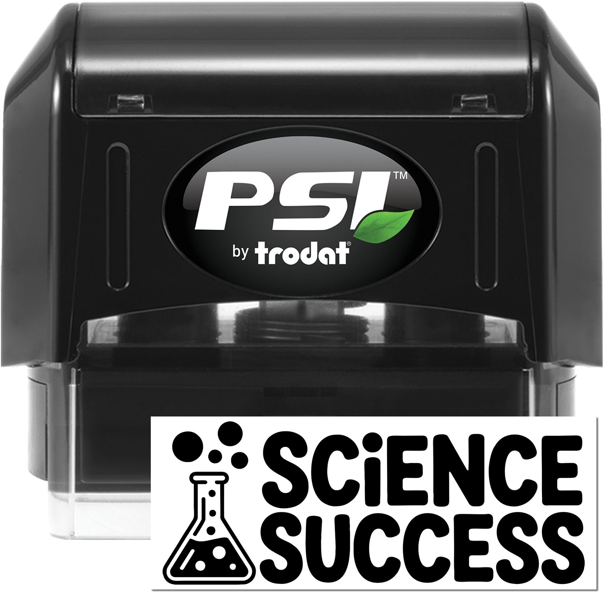 Black PSI by Trodat self-inking stamp and seal with clear base, featuring a Science Success imprint.