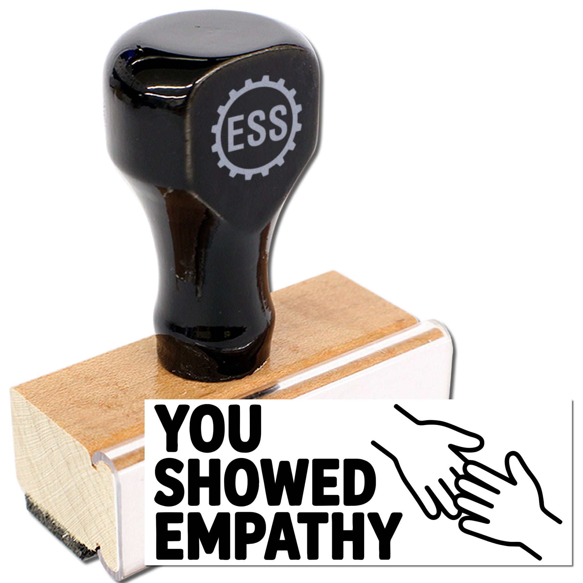 Black rubber stamp and wooden seal with ESS logo, printing bold YOU SHOWED EMPATHY text.