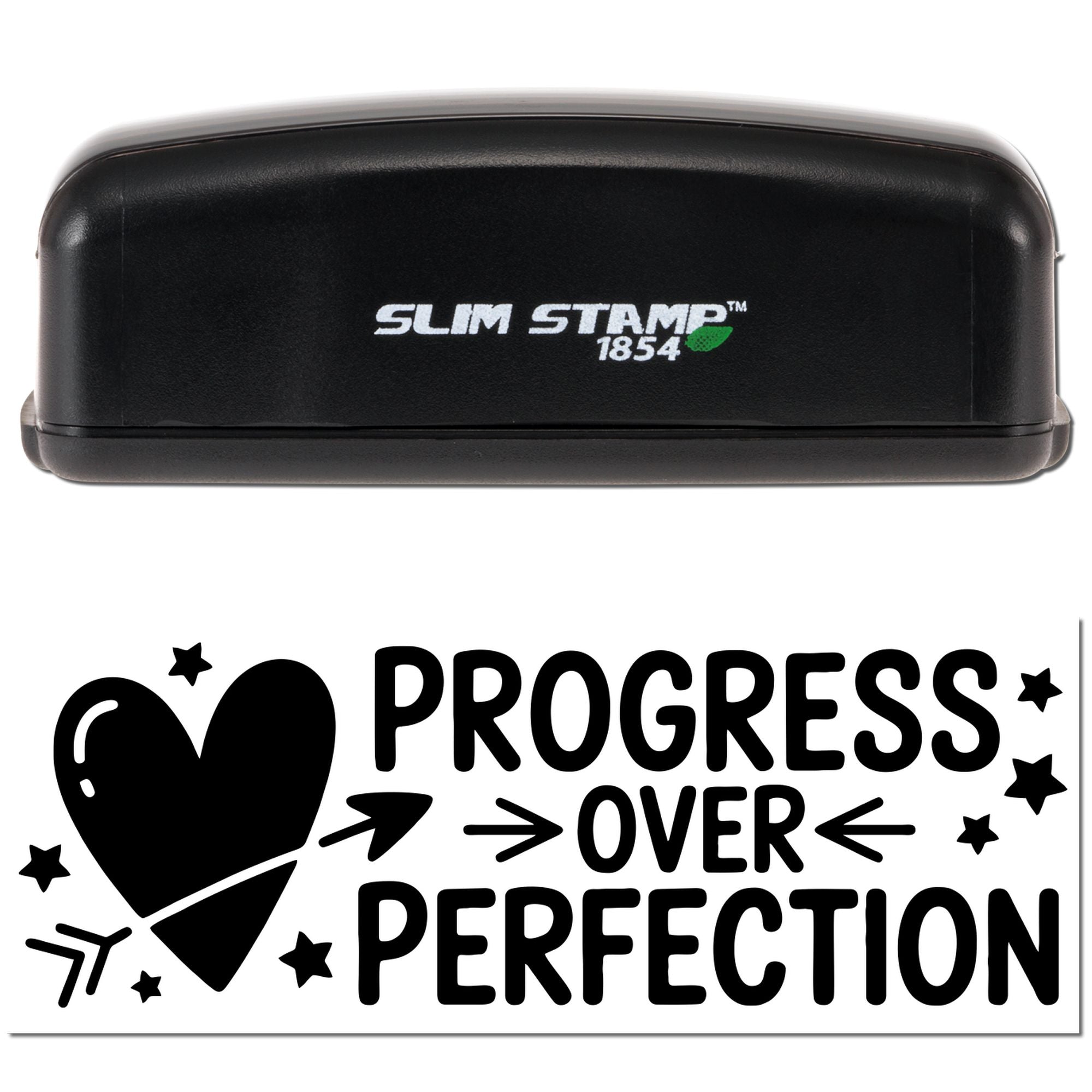 Black Slim Stamp 1854 stamp and seal set with Progress Over Perfection design, heart, stars, and arrows.