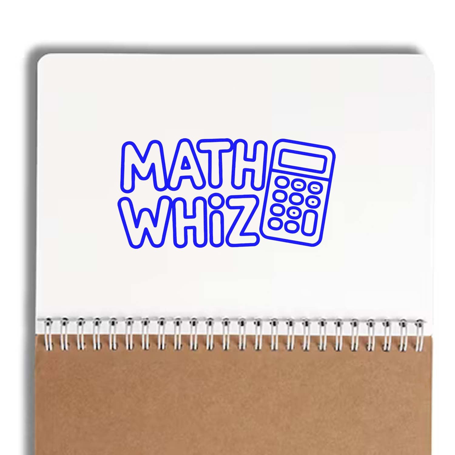 Blue Math Whiz stamp and seal design with calculator icon on white spiral notebook, brown bottom section.