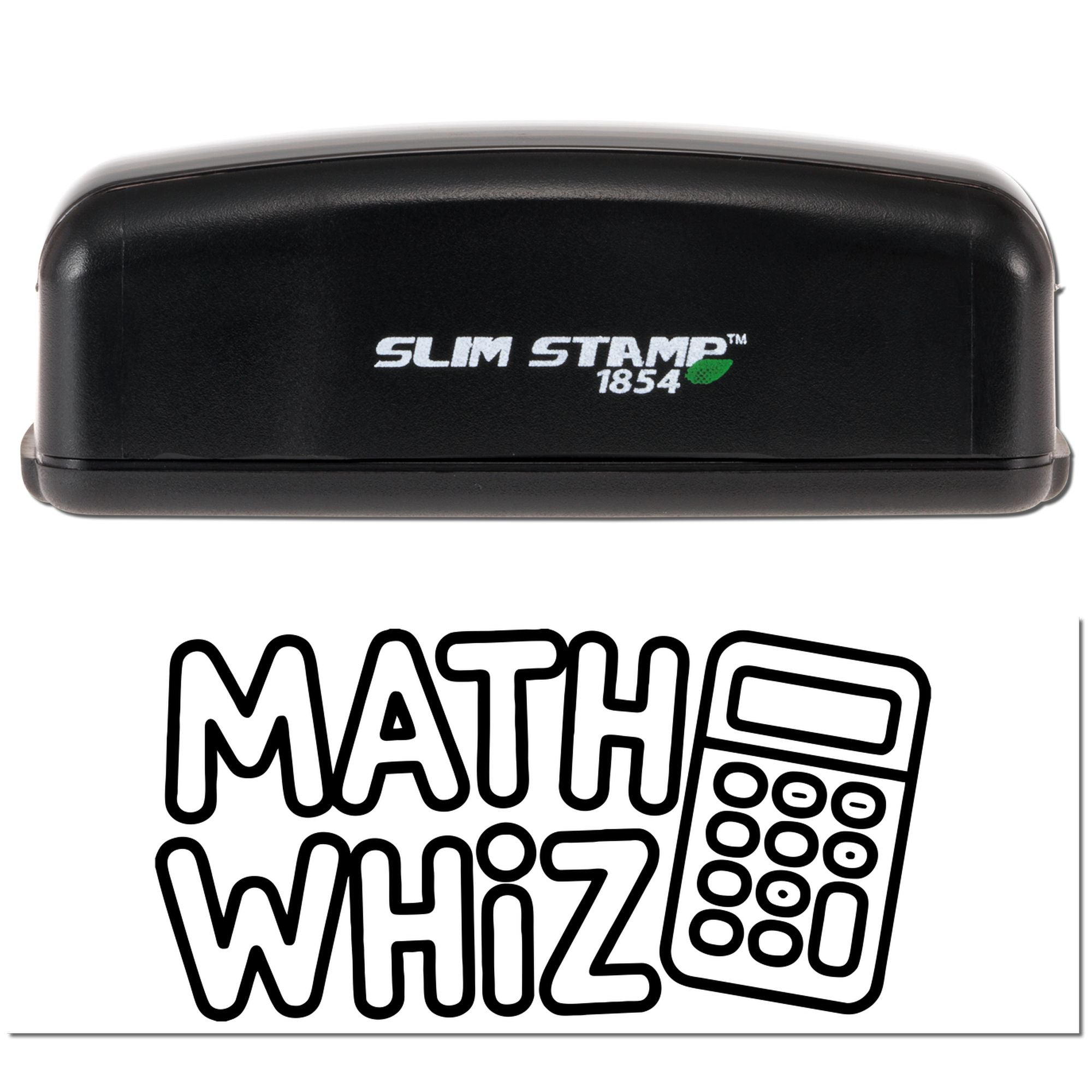 Black Slim Stamp 1854 stamp and seal case with MATH WHIZ logo and calculator icon, black on white background.