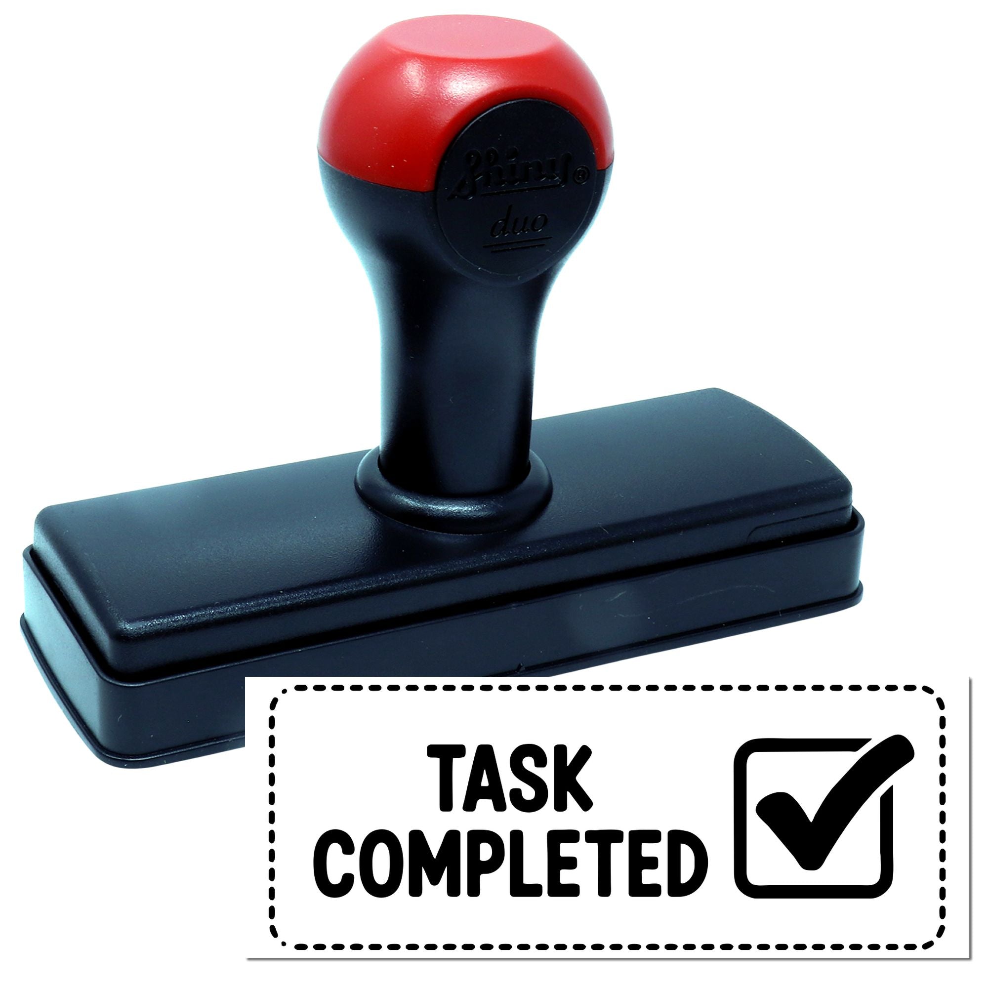 Red and black self-inking stamp and seal with TASK COMPLETED checkmark design.