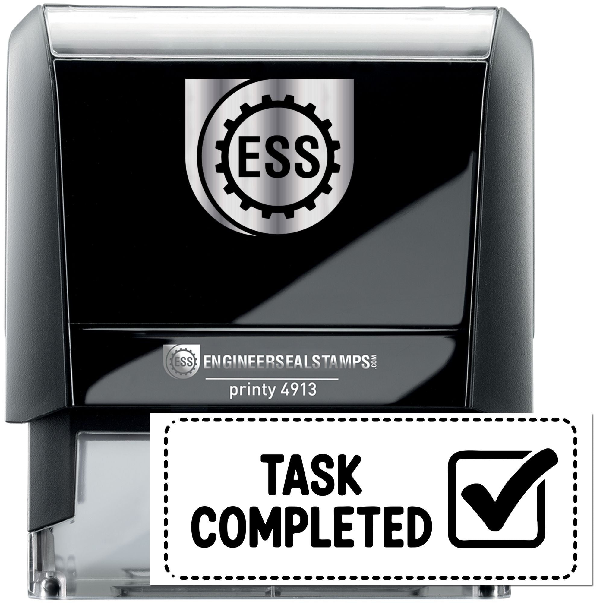 Black and silver self-inking engineer seal stamp with ESS logo and bold Task Completed checkmark.