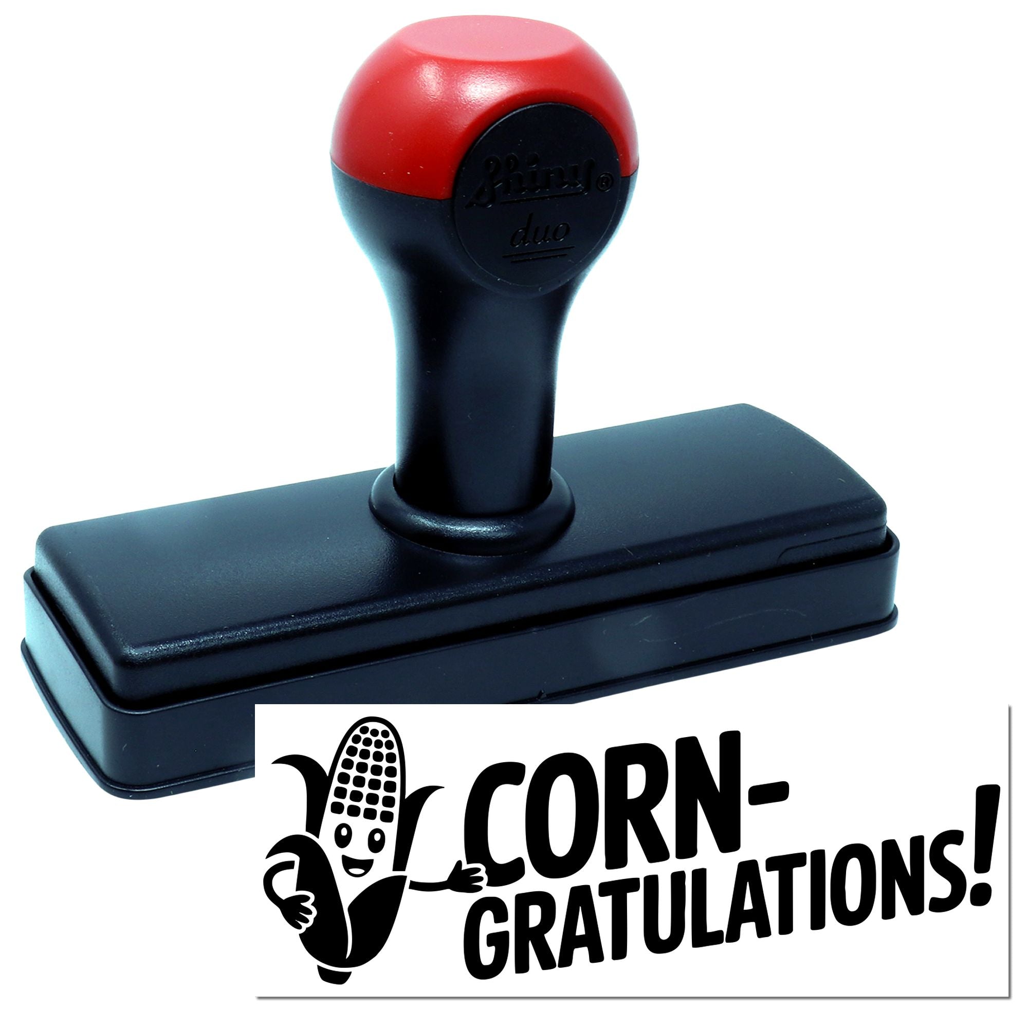 Red-and-black self-inking stamp and seal with Corn-gratulations! and smiling corn graphic