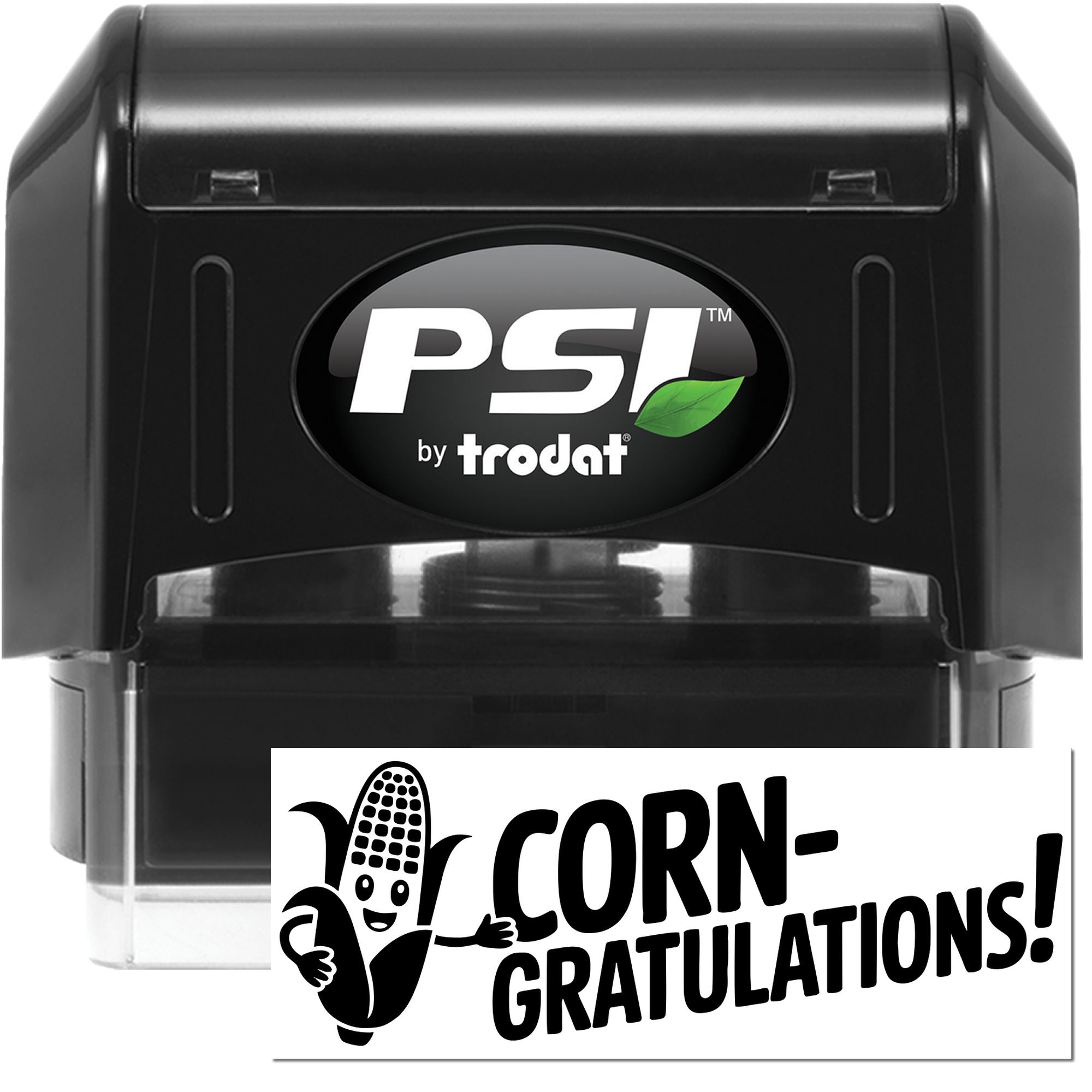 Black PSI by Trodat self-inking stamp and black-and-white corn congratulations seal