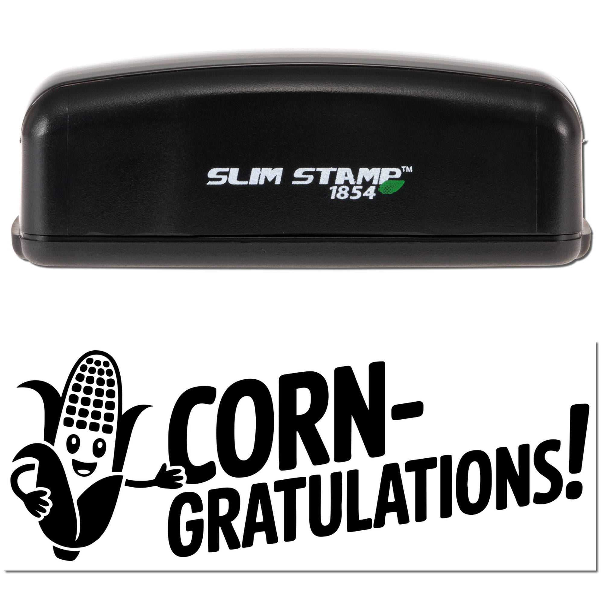 Black Slim Stamp 1854 self-inking stamp and seal with Corn-gratulations! corn graphic on white background