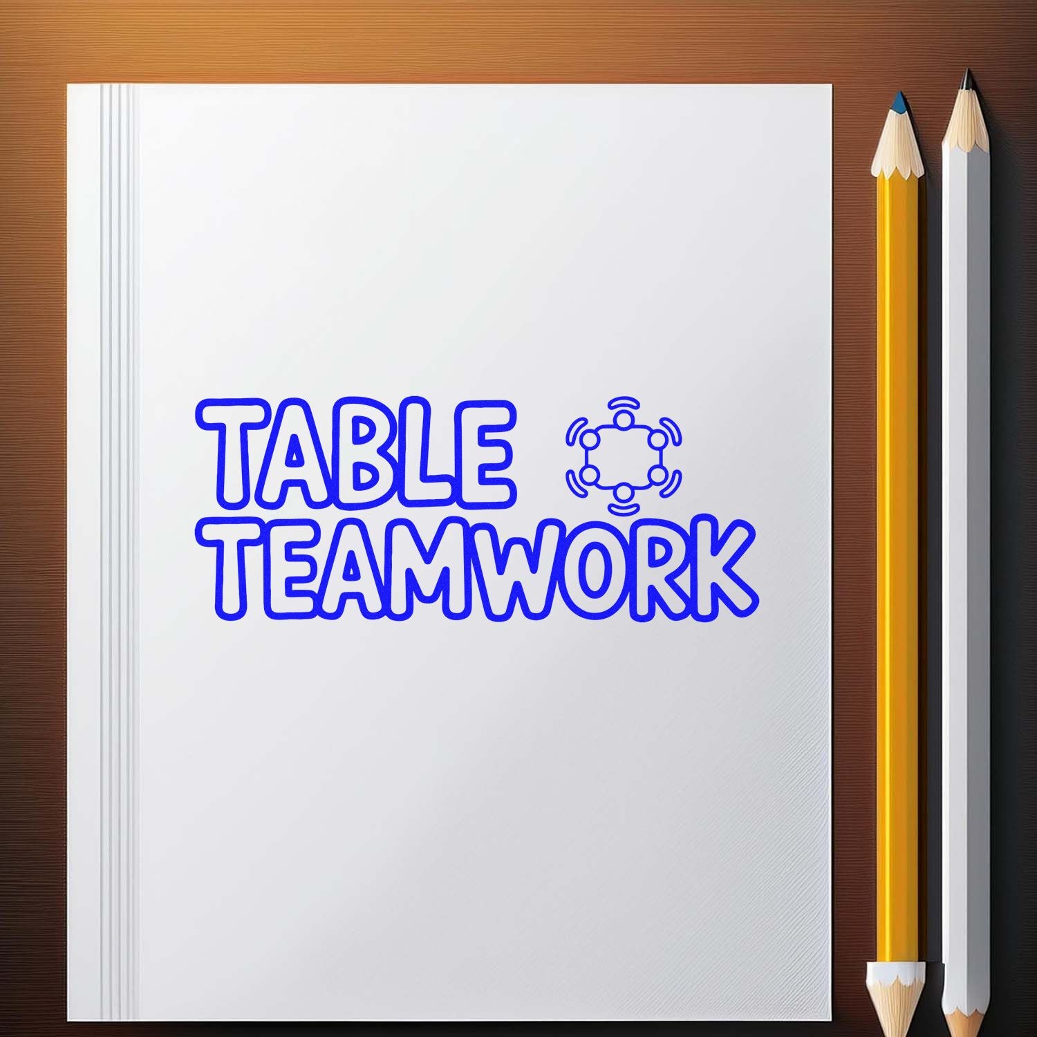 Blue TABLE TEAMWORK stamp and seal design with teamwork icon on white paper, beside yellow and white pencils.