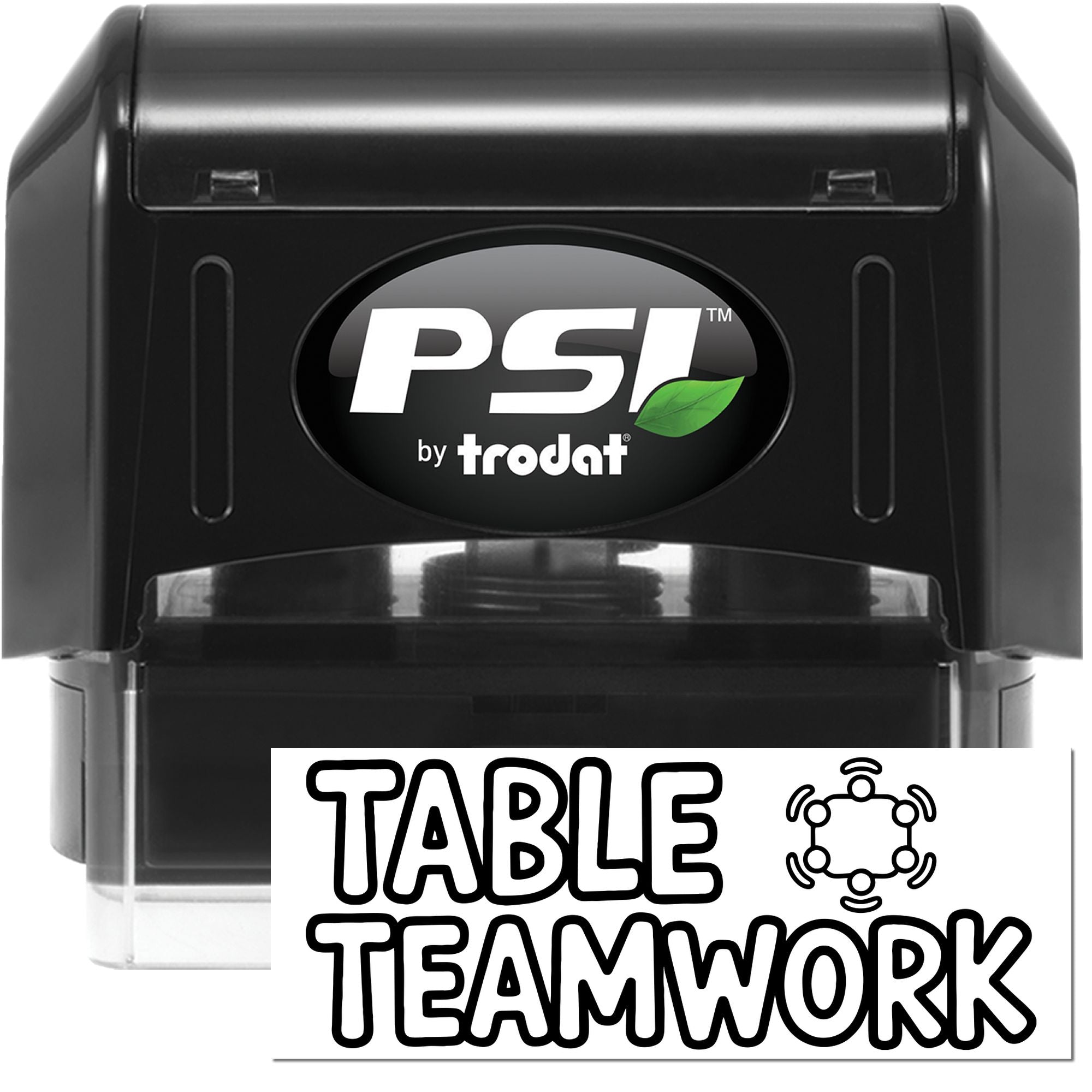 Black PSI by Trodat self-inking stamp and Table Teamwork seal with white label and green leaf logo