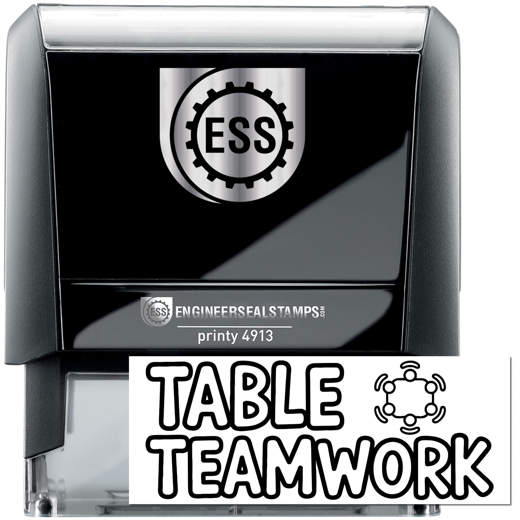 Black and silver EngineerSeal self-inking stamp and seal, printy 4913, with ESS logo and TABLE TEAMWORK text.