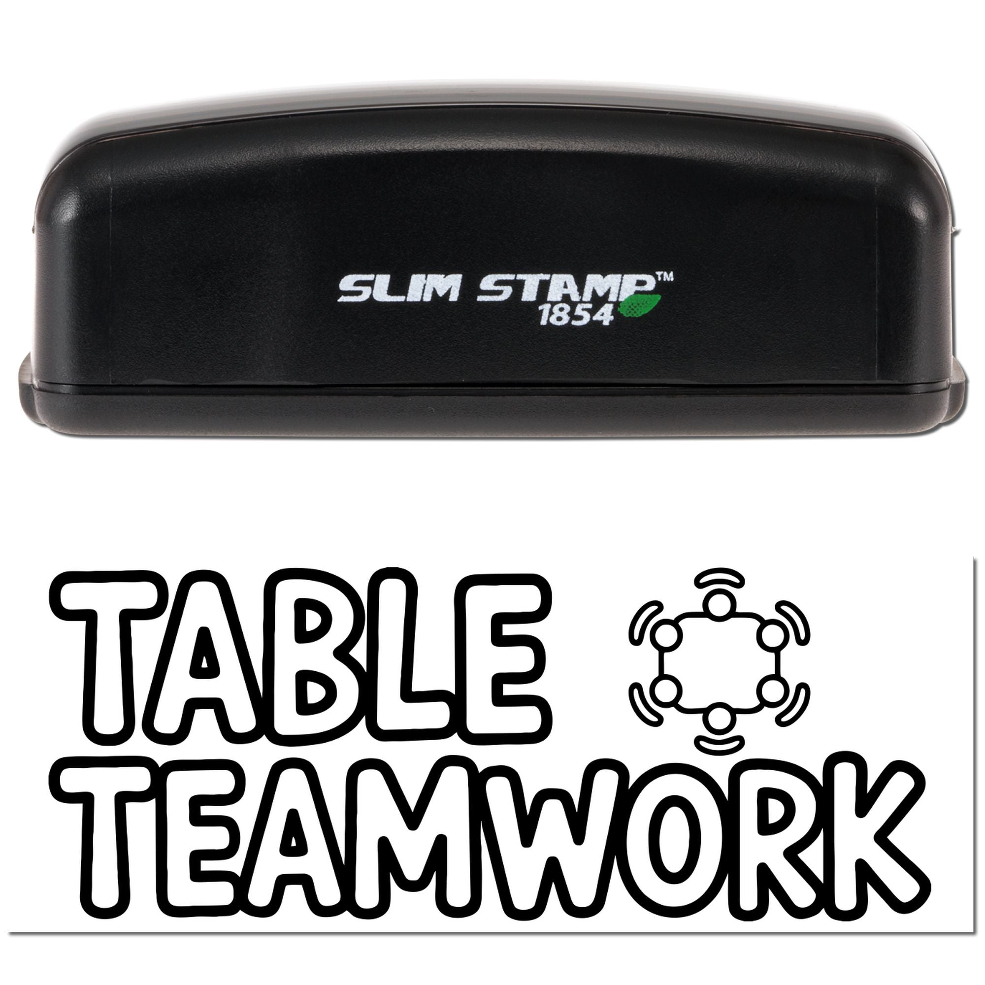 Black Slim Stamp 1854 desk seal with TABLE TEAMWORK text and circular teamwork icon, black on white background.