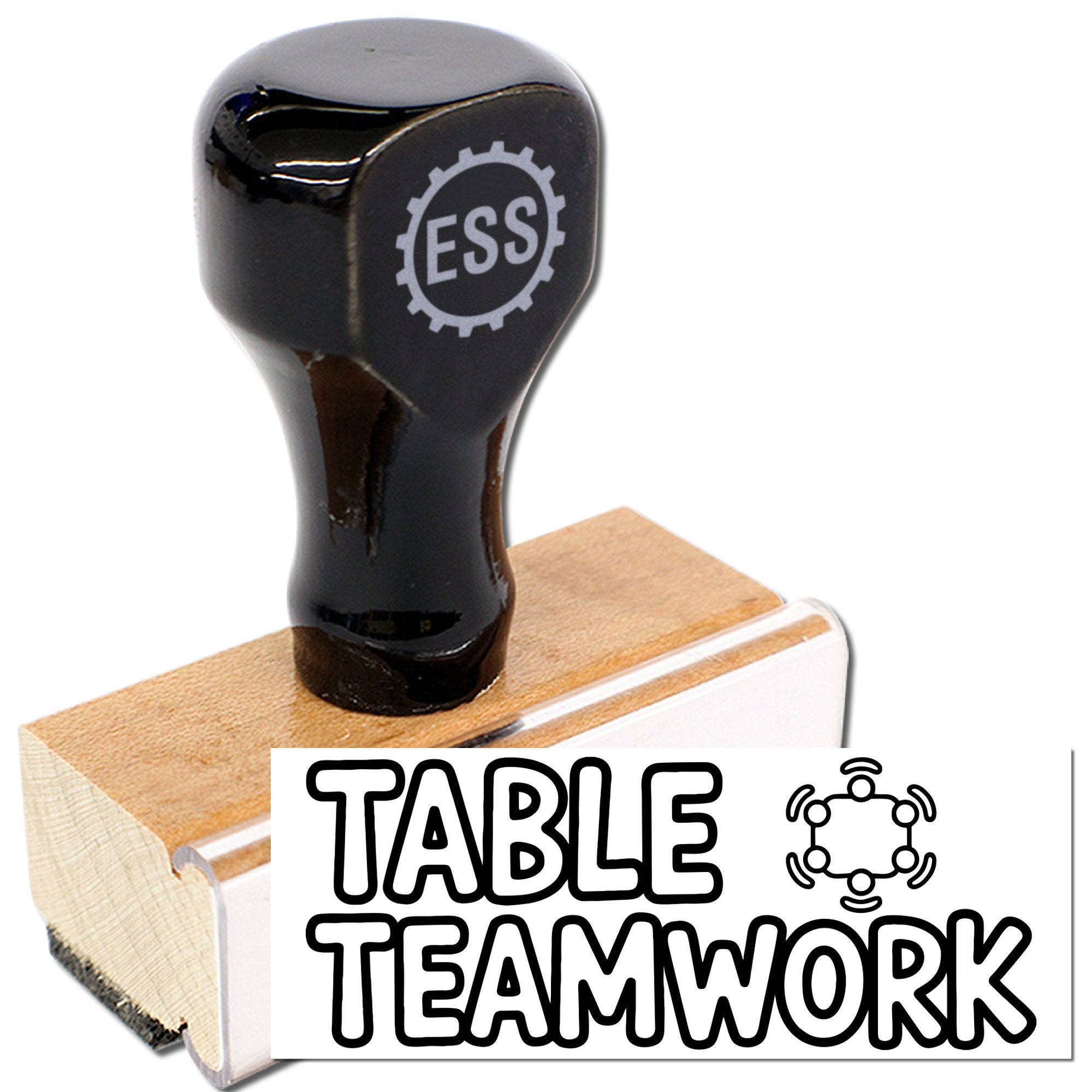 Black stamp and seal with ESS logo on wooden base, featuring Table Teamwork branding