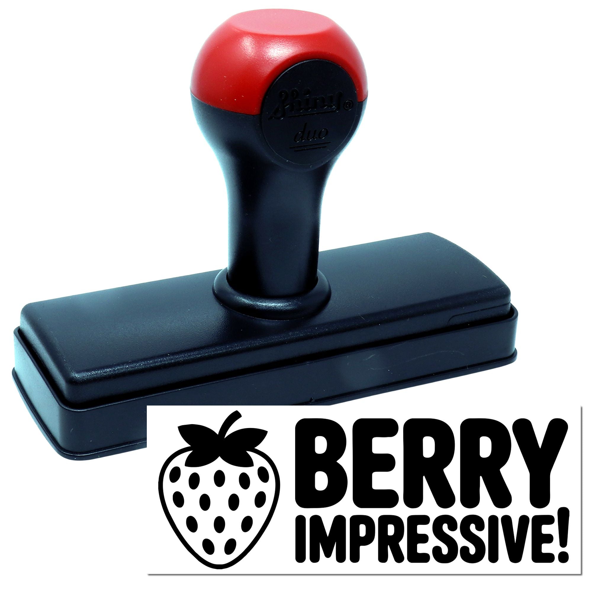 Red and black self-inking stamp with berry logo and BERRY IMPRESSIVE! seal on white background