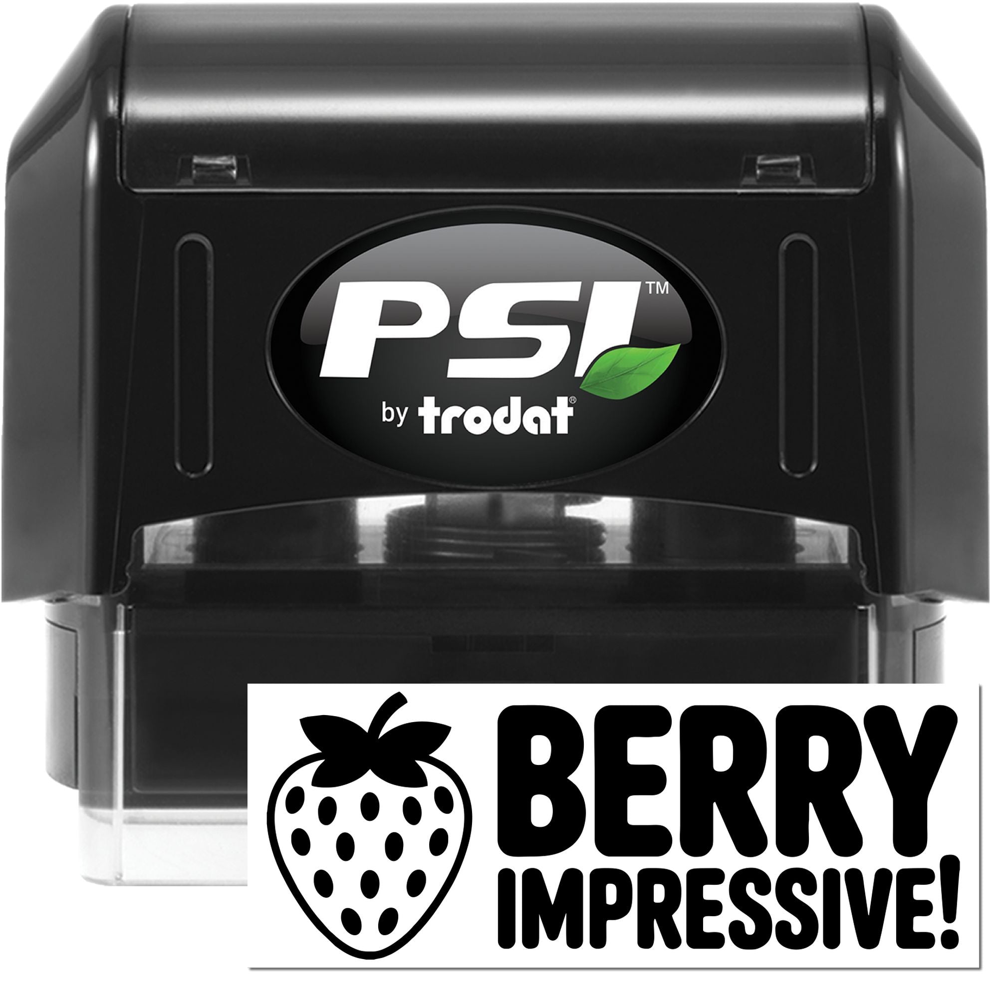 Black PSI by Trodat self-inking stamp and seal with green leaf logo and Berry Impressive strawberry graphic.