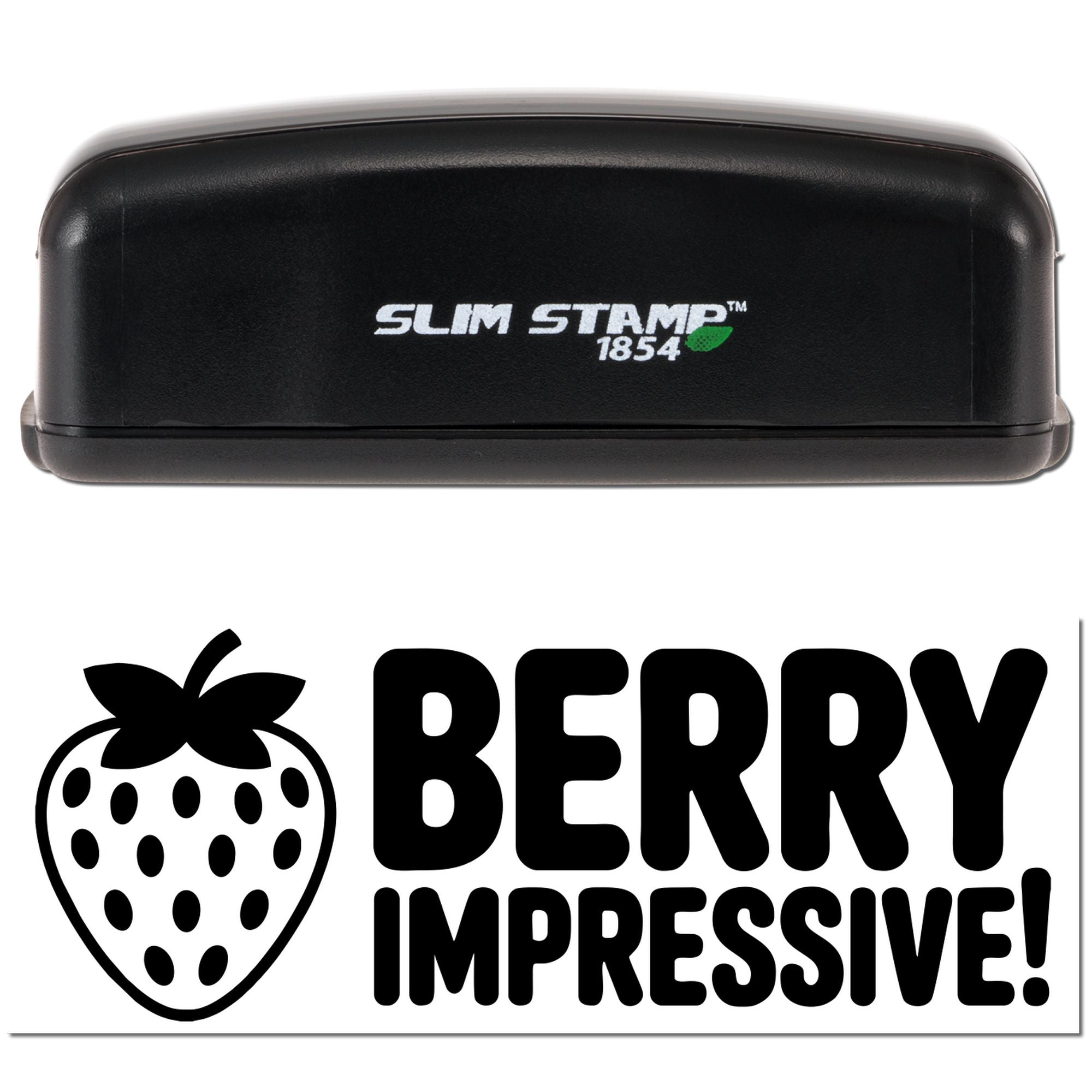 Black Slim Stamp 1854 seal stamp with berry icon and bold BERRY IMPRESSIVE! imprint on white background.