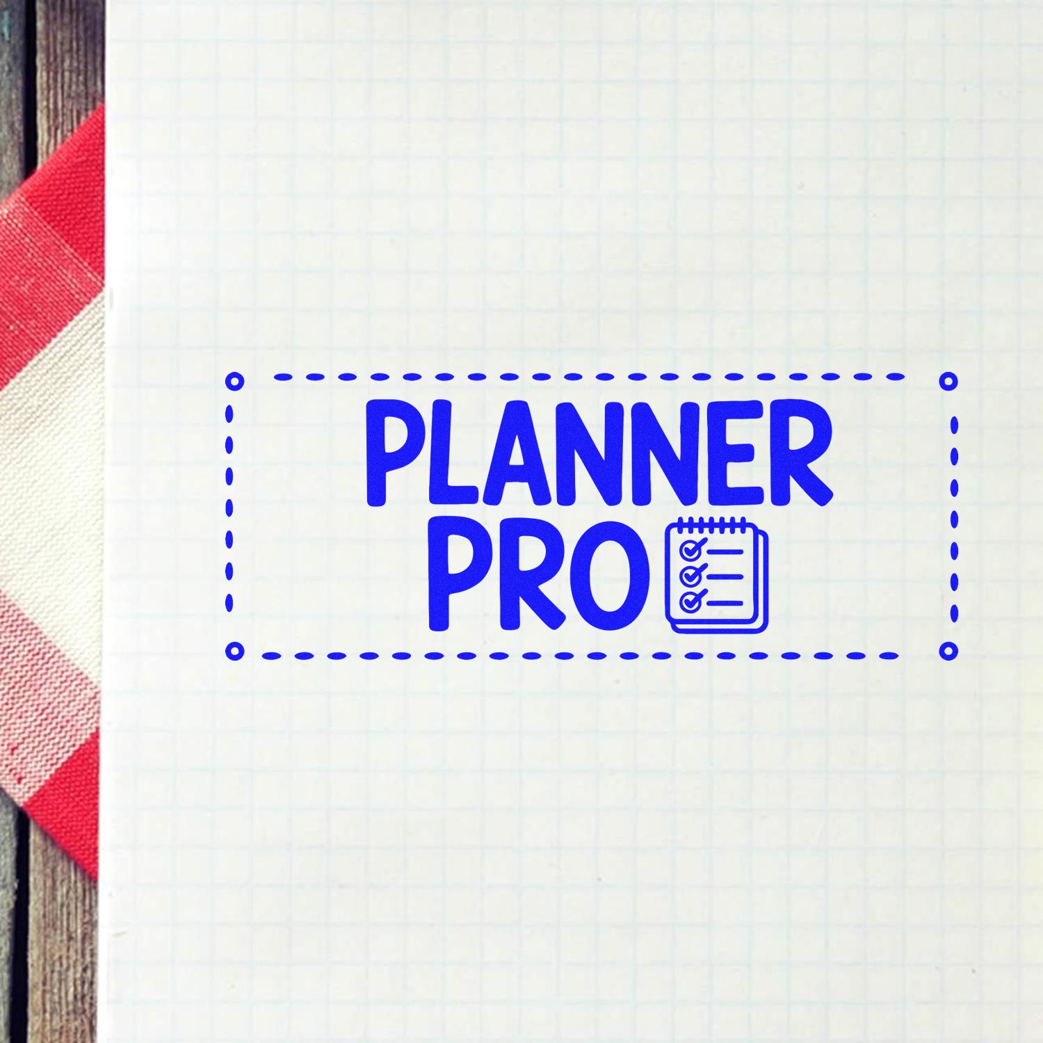 Blue Planner Pro stamp and seal with checklist icon in bold blue on white grid paper, bordered by dots and red fabric edge.