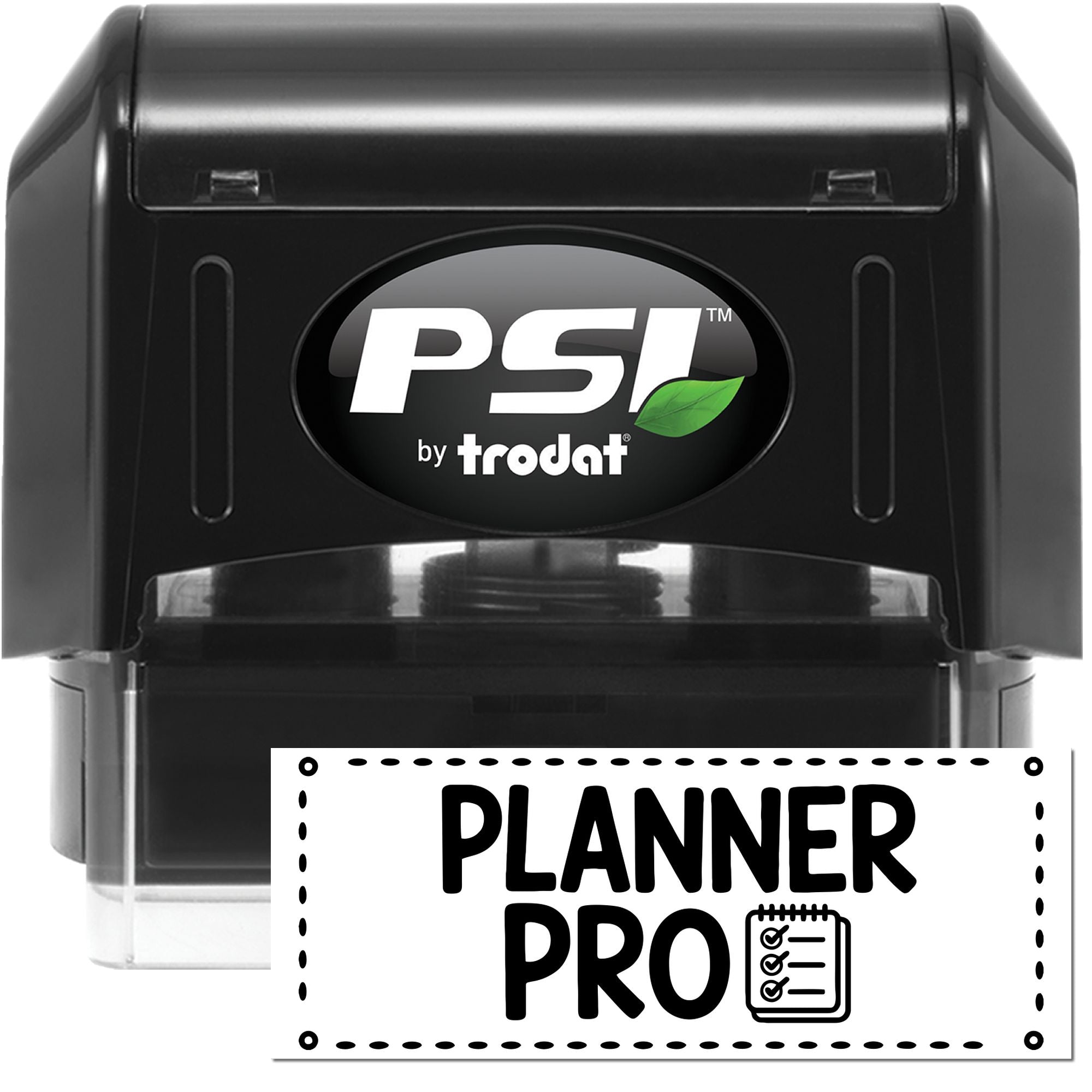 Black PSI by Trodat self-inking stamp and white Planner Pro seal label with bold black text and green leaf logo