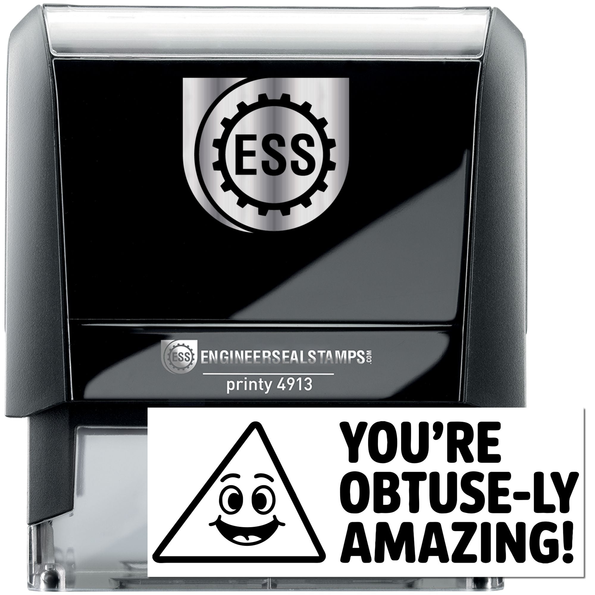 Black and silver ESS engineer seal self-inking stamp with gear logo, printy 4913 branding, and clear casing.