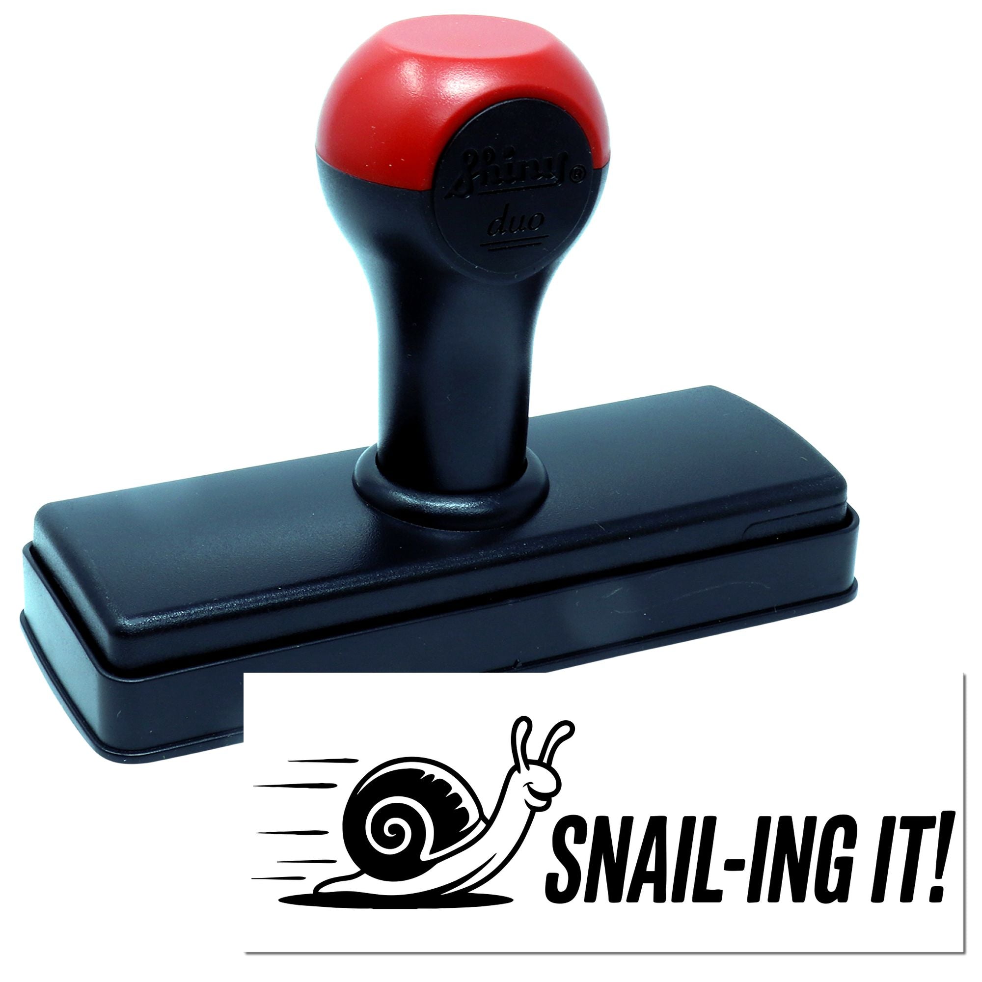 Red and black self-inking stamp and seal with snail logo and SNAIL-ING IT! text