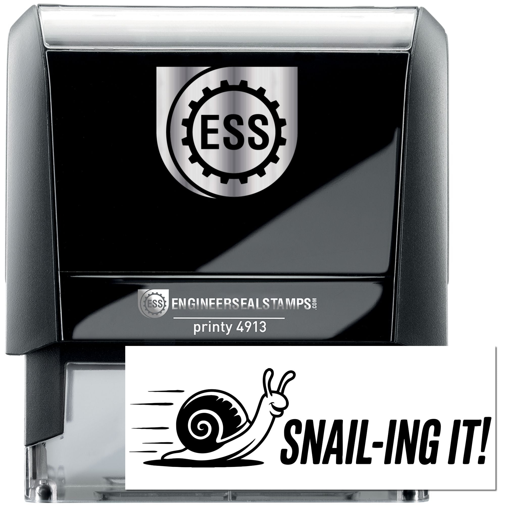 Black and gray self-inking engineer seal stamp with silver ESS logo and snail SNAIL-ING IT! graphic