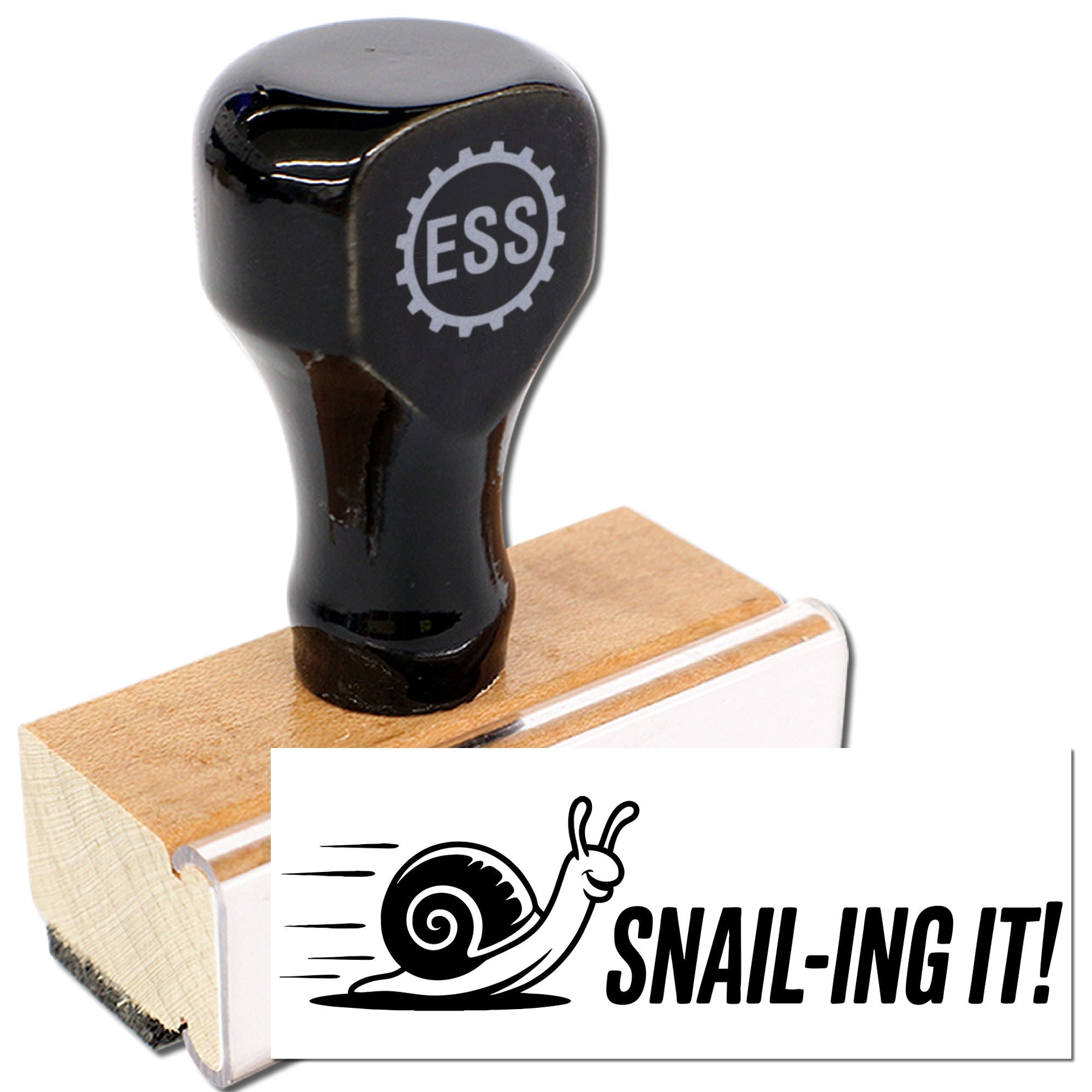 Black ESS rubber stamp with tan wooden base and white snail SNAIL-ING IT! seal design