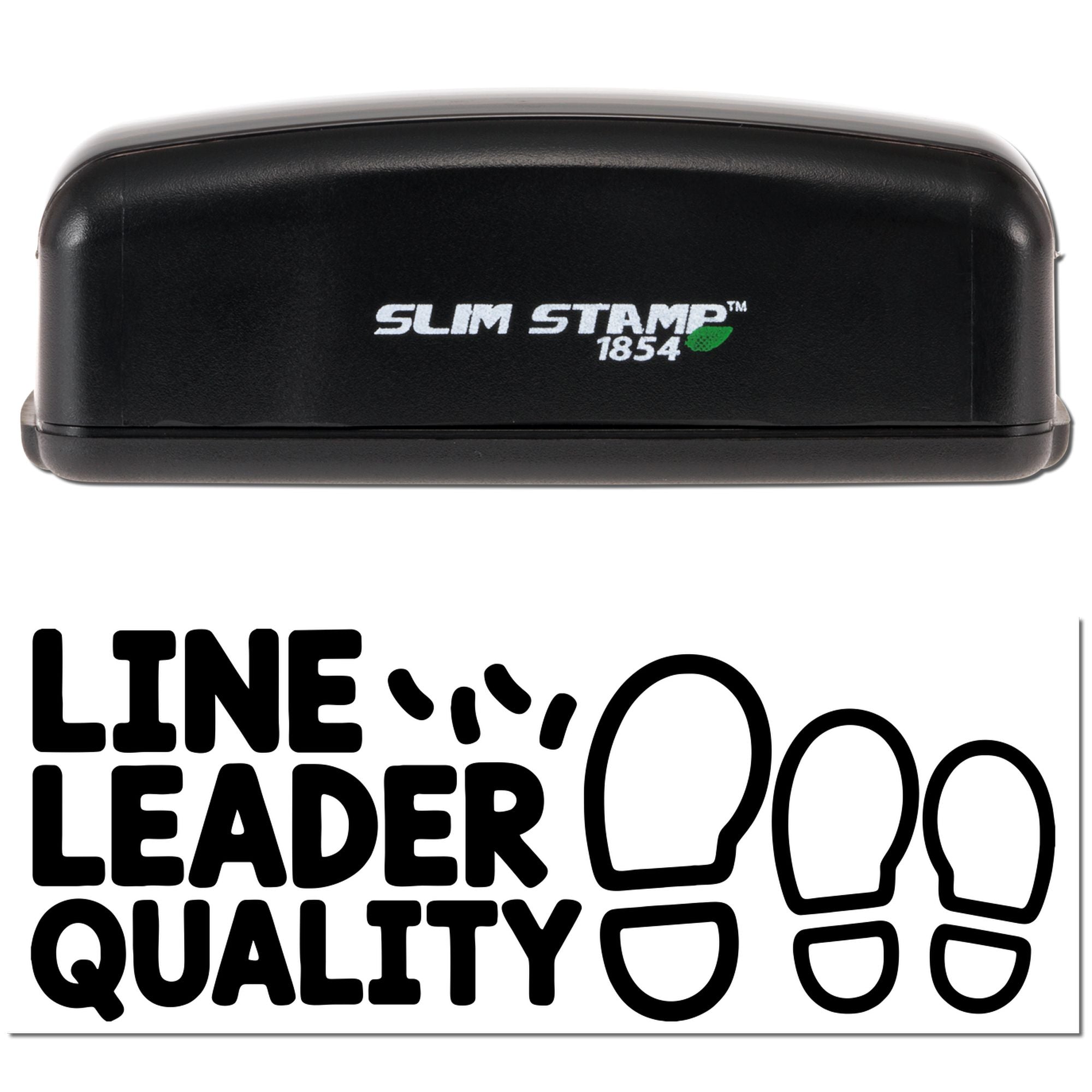 Black Slim Stamp 1854 stamp and seal product in black with white logo, green accent, and Line Leader Quality graphic.