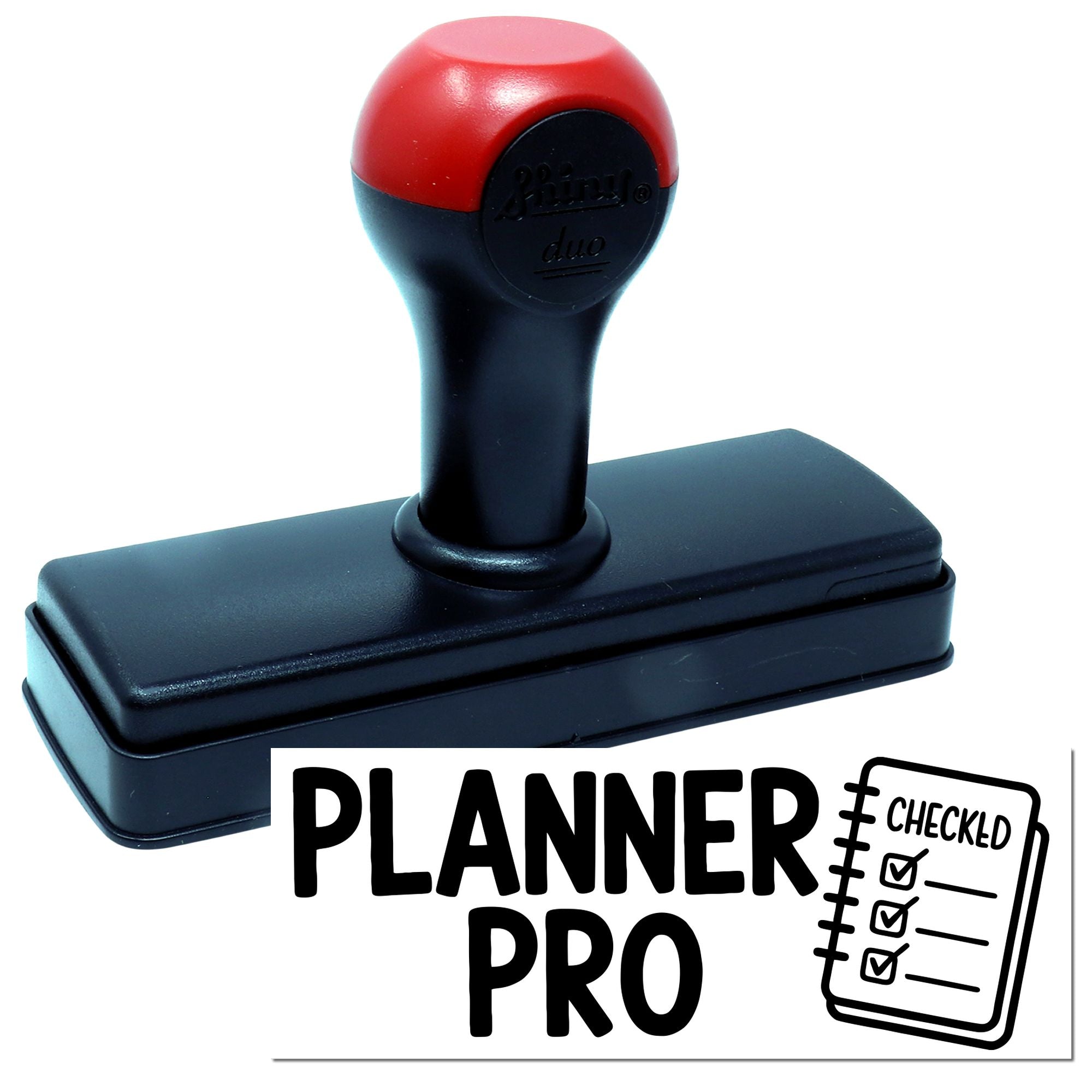 Black and red self-inking planner pro stamp with checked notebook seal icon on a white background