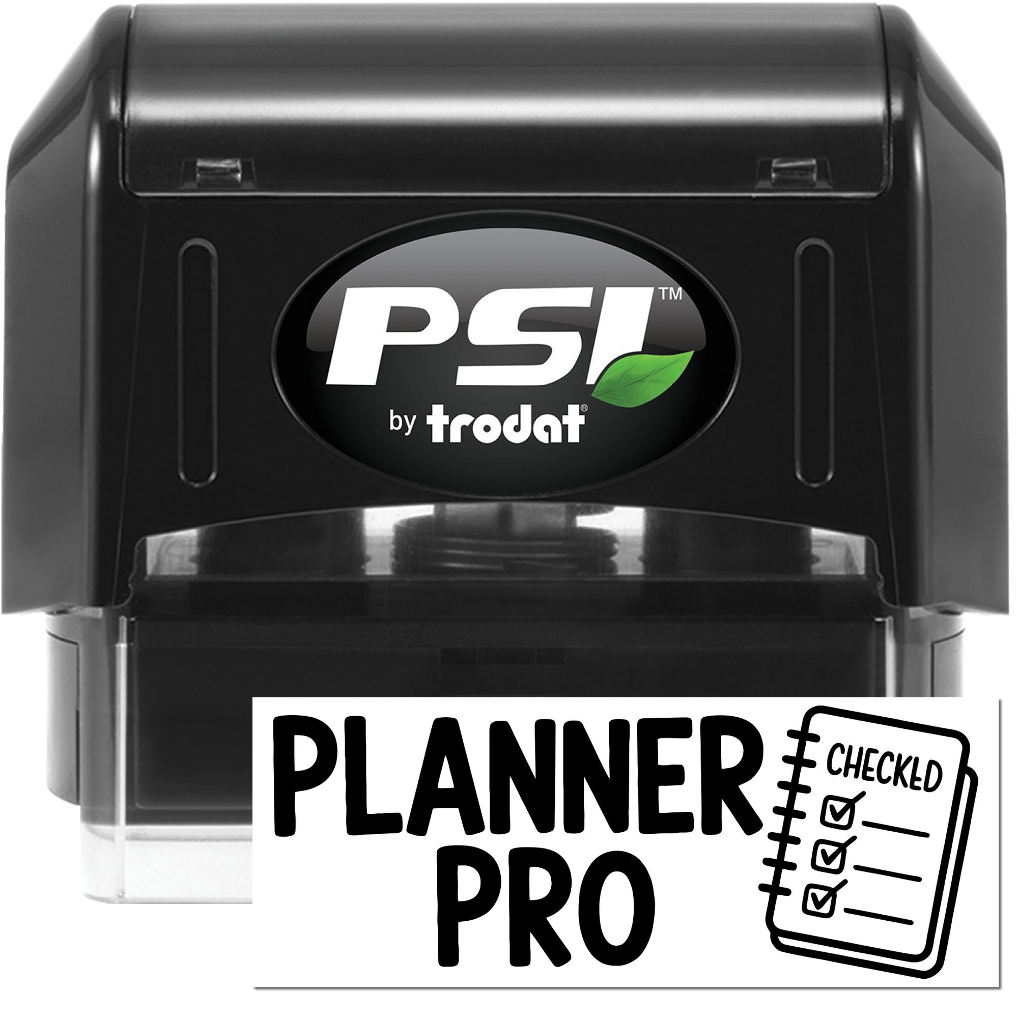 Black PSI by Trodat self-inking planner pro stamp and seal with white label and checklist icon
